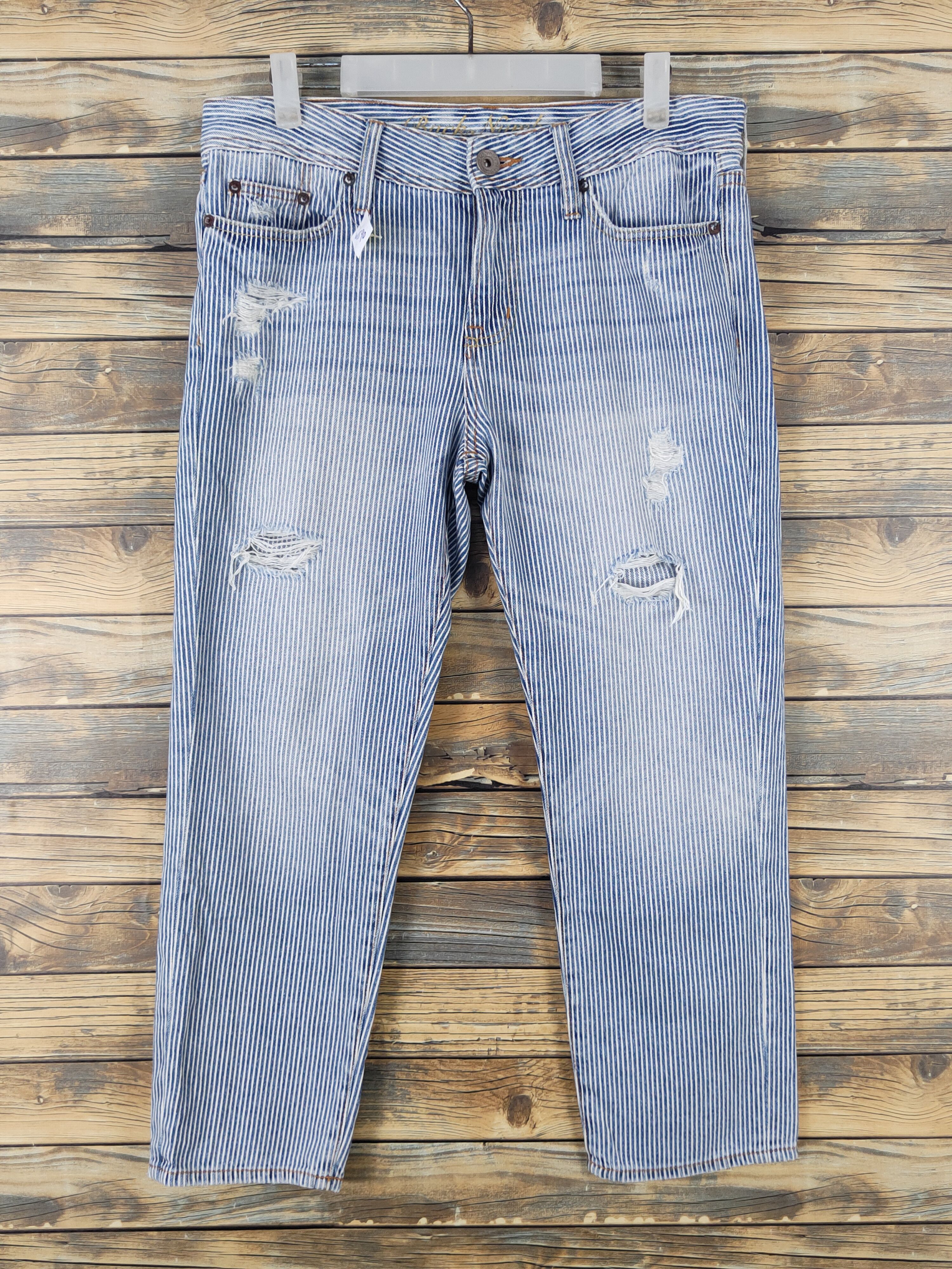 Japanese Brand Back Number Blue Stripe Distressed Ripped denim Jeans #W1590 Size US 34 / EU 50 - 1 Thumbnail