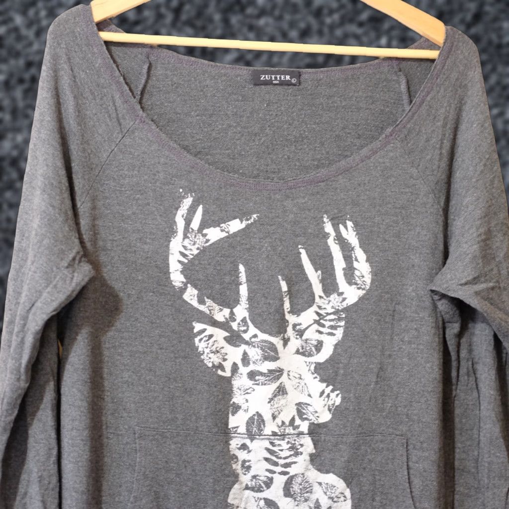 Vintage Zutter Women's L Gray Long Sleeve T-Shirt Deer Print w/Pockets Stretch #p51-81 Size L / US 10 / IT 46 - 1 Thumbnail