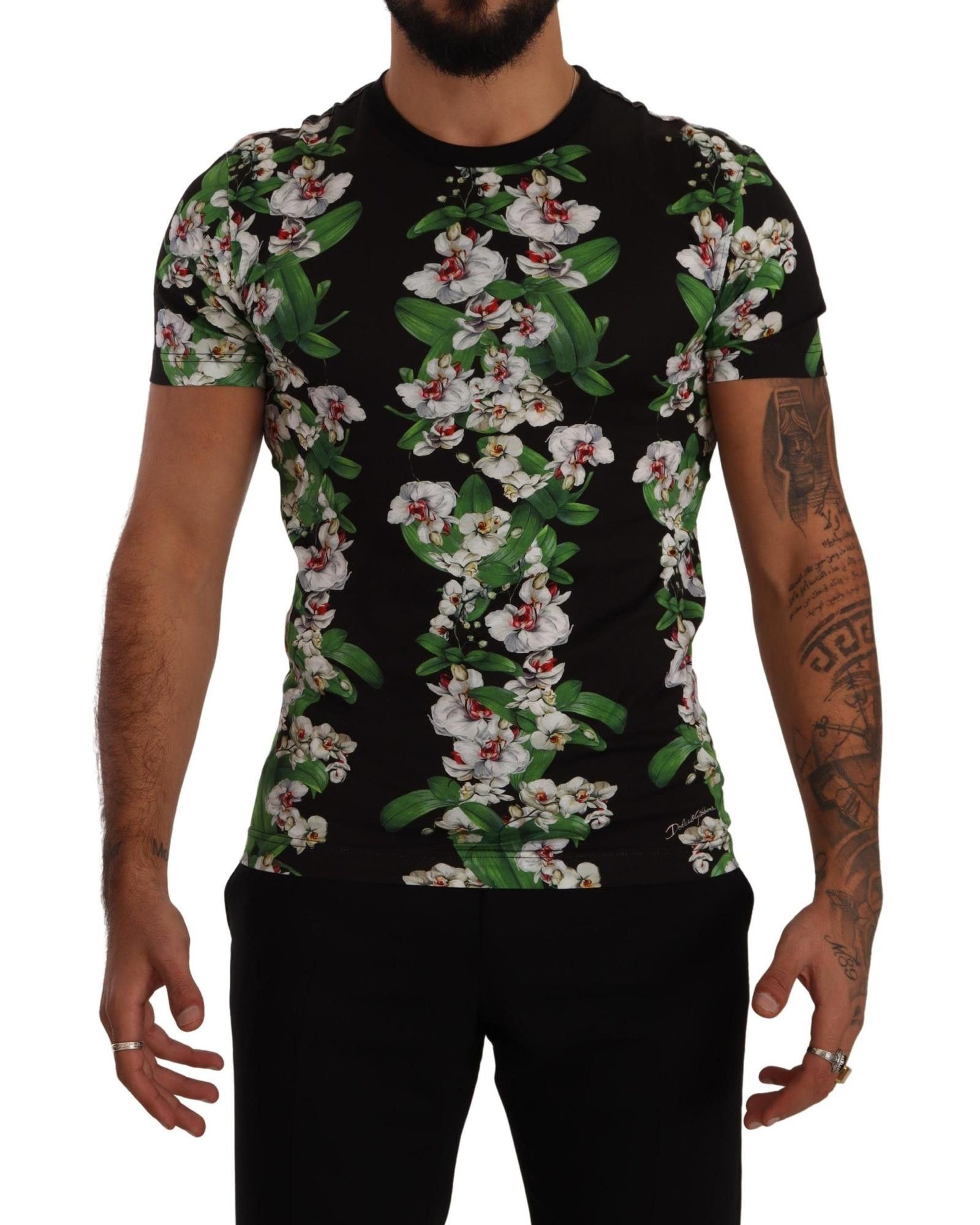 image of Dolce Gabbana Floral Print Crewneck T-Shirt in Black, Men's (Size Medium)