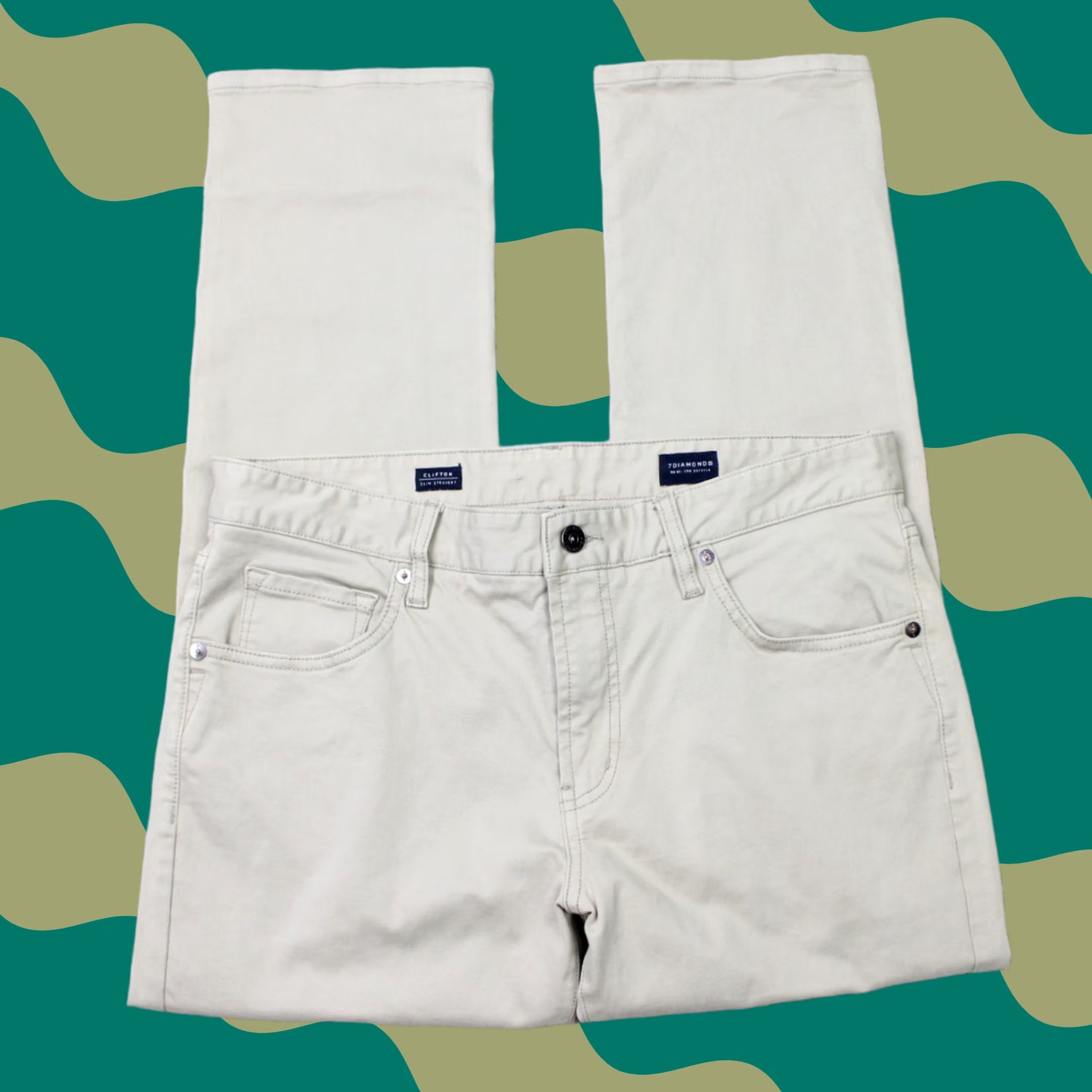 Vintage 7 Diamonds Clifton Slim Straight Chino Pants Mens 32x28 Beige Cotton Stretch Casual Pants Mens Slim Chino Beige 7 Diamonds Clifton Size US 32 / EU 48 - 1 Thumbnail