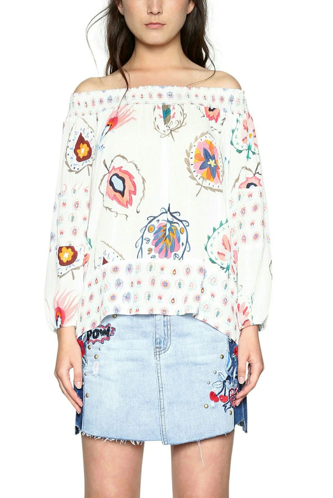 Desigual Desigual Womens D Minor White Off-Shoulder Floral Blouse Top Size S / US 4 / IT 40 - 1 Thumbnail