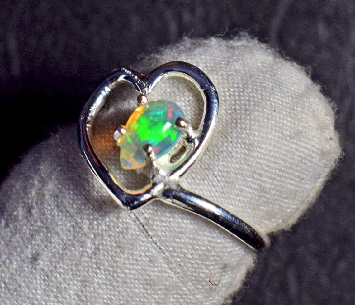 Handmade Heart Sterling Silver Ring: Ethiopian Opal Gemstone Size ONE SIZE - 4 Thumbnail