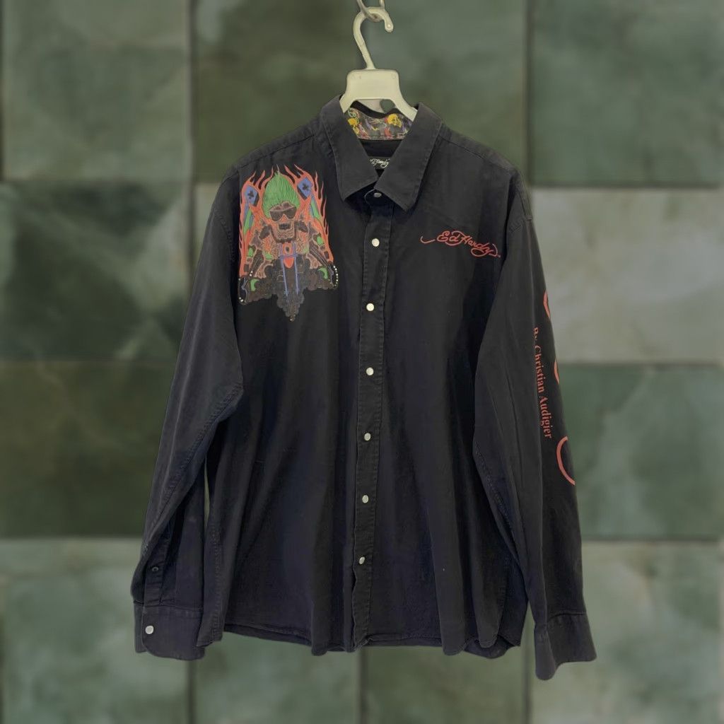 Ed Hardy Ed Hardy by Christian Audigier Men’s Button-Down Shirt 3XL Black Skull Flames Biker Graphic Shirt Mens Size US XXL / EU 58 / 5 - 1 Thumbnail