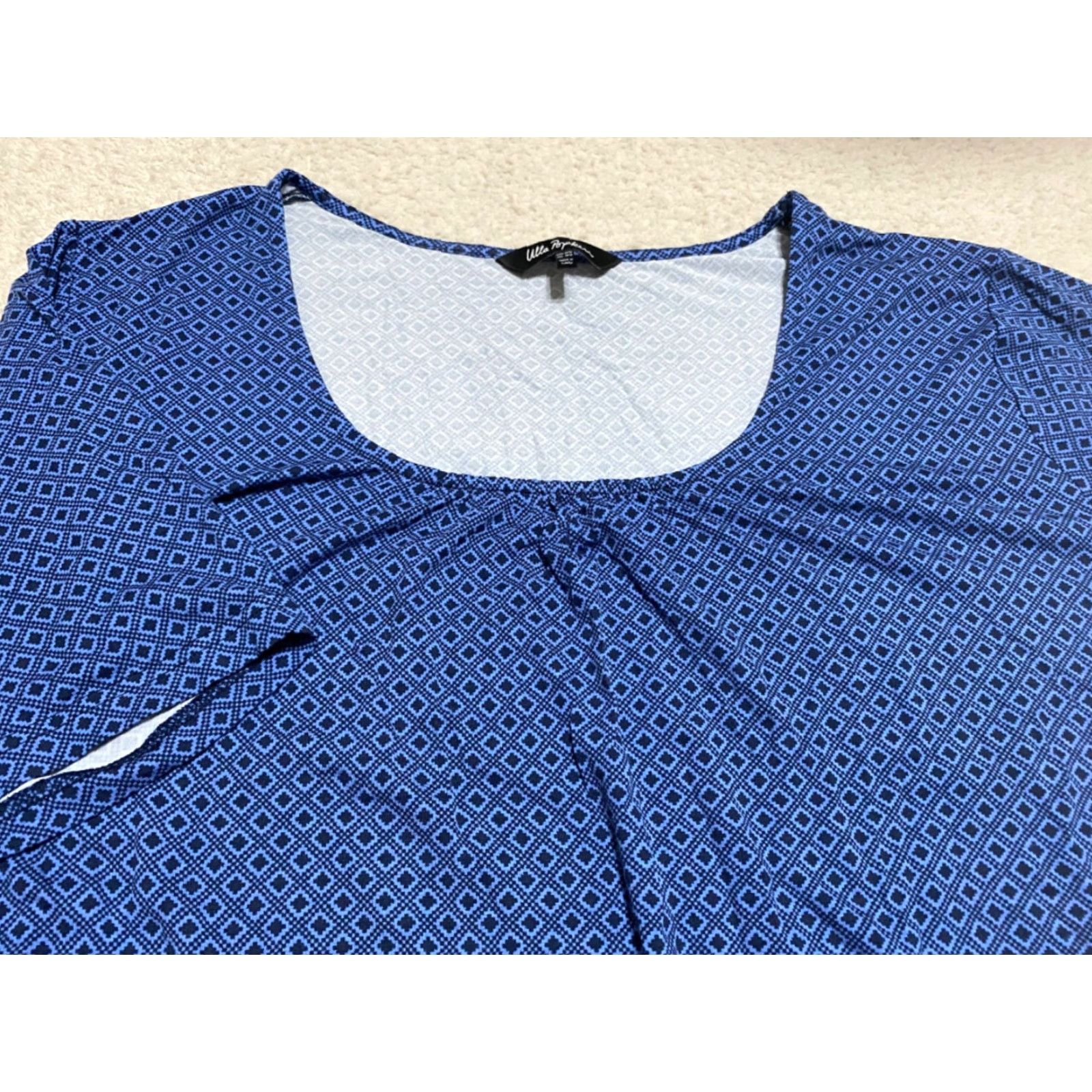 Vintage Ulla Popken Blouse Geometric Square Neck Blue Short Sleeve Womens Size 28 Plus Viscose Size 4XL / US 24-26 - 2 Thumbnail