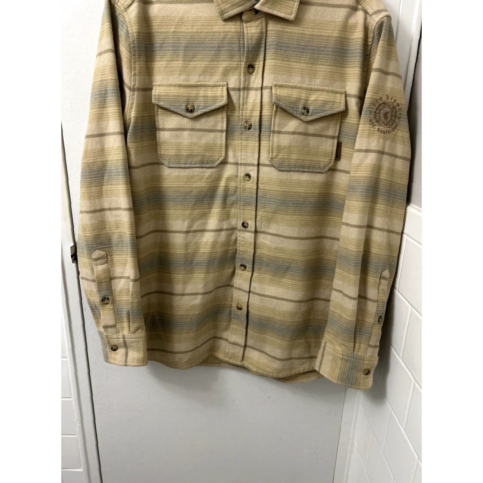 Vintage Levitate Shirt Mens M Tan Blue Striped Flannel Button-Down L/S Organic Cotton Recycled Polyester Pocket Embroidered Vintage: No Size US M / EU 48-50 / 2 - 3 Thumbnail
