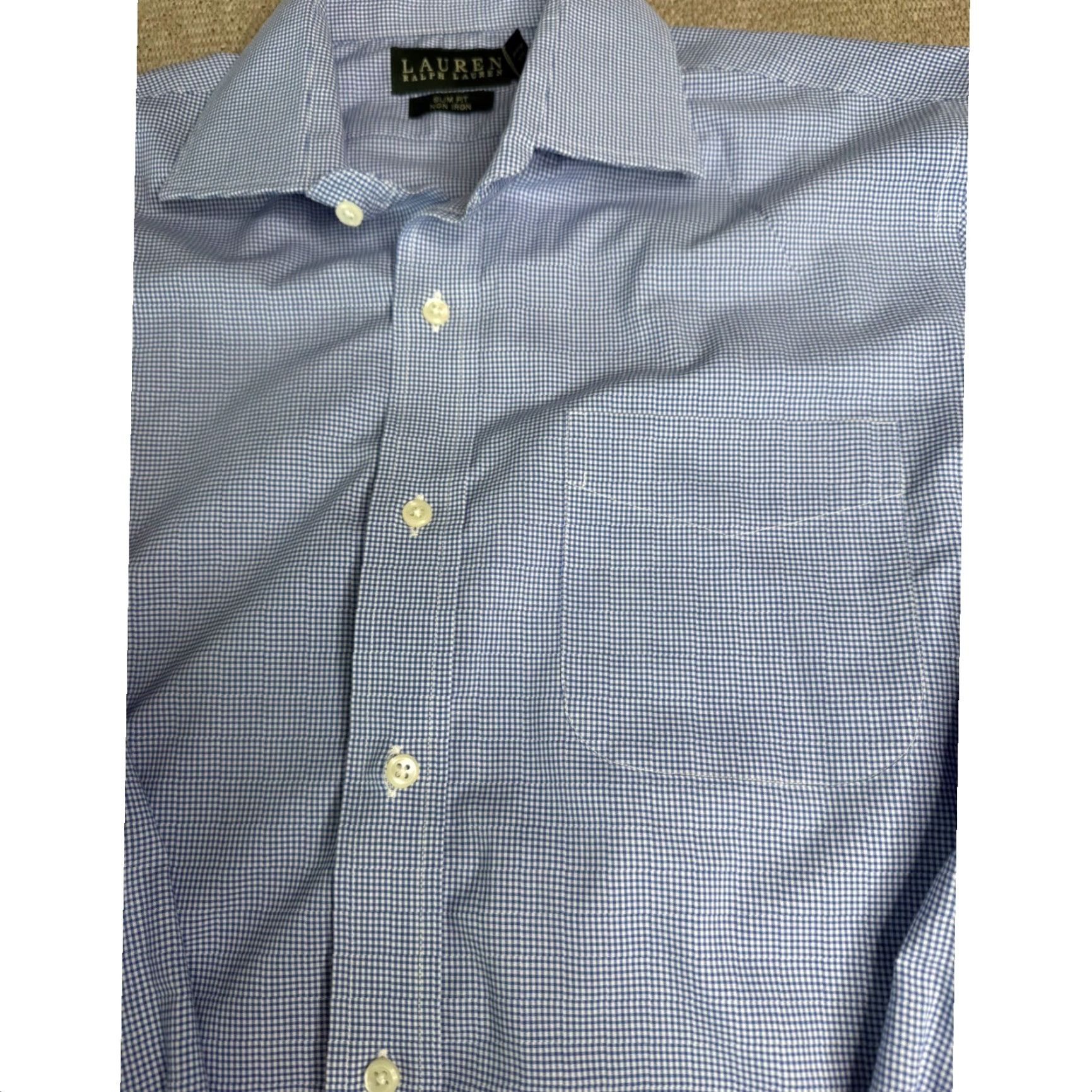 Ralph Lauren VINTAGE? No. (Skip) -> Lauren Ralph Lauren Mens Slim Fit Blue Gingham Check Dress Shirt 16 Size 42R - 3 Thumbnail