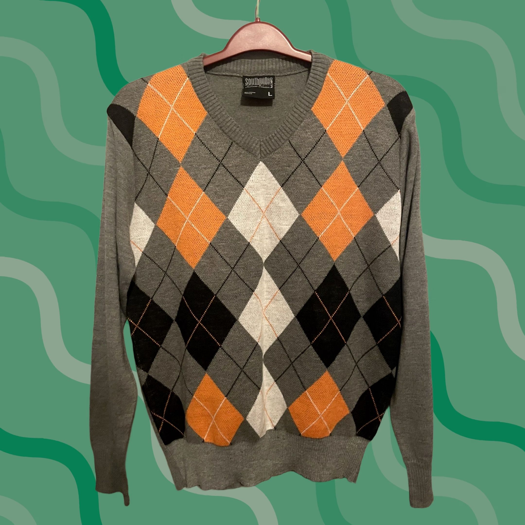 Southpole VINTAGE Southpole Sweater Mens Argyle Print Pullover V-Neck Size L Orange Grey Knit Cotton Long Sleeve Retro 90s Mens Size US XXL / EU 58 / 5 - 1 Thumbnail