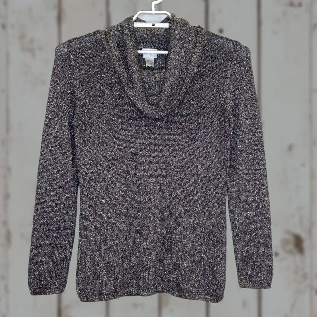 Vintage Chico's Cowl Neck Sweater Womens Sz 1 Brown Gold Metallic Long Sleeve Side Slits Knit Pullover Cardigan Style Designer Womens Size XS / US 0-2 / IT 36-38 - 1 Thumbnail