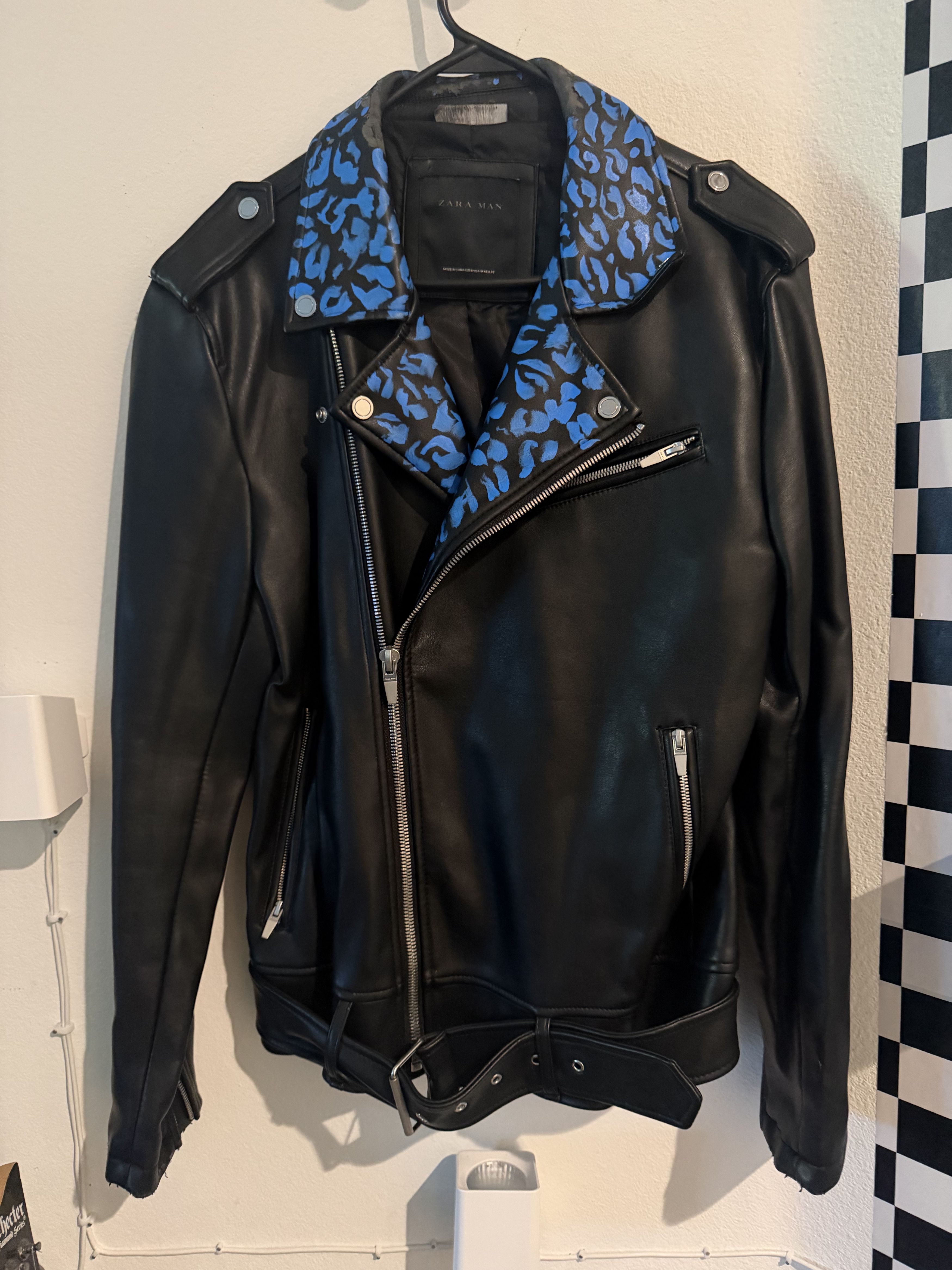 Zara Blue Leaopard Print Collar Leather Biker Jacket Size US M / EU 48-50 / 2 - 1 Thumbnail