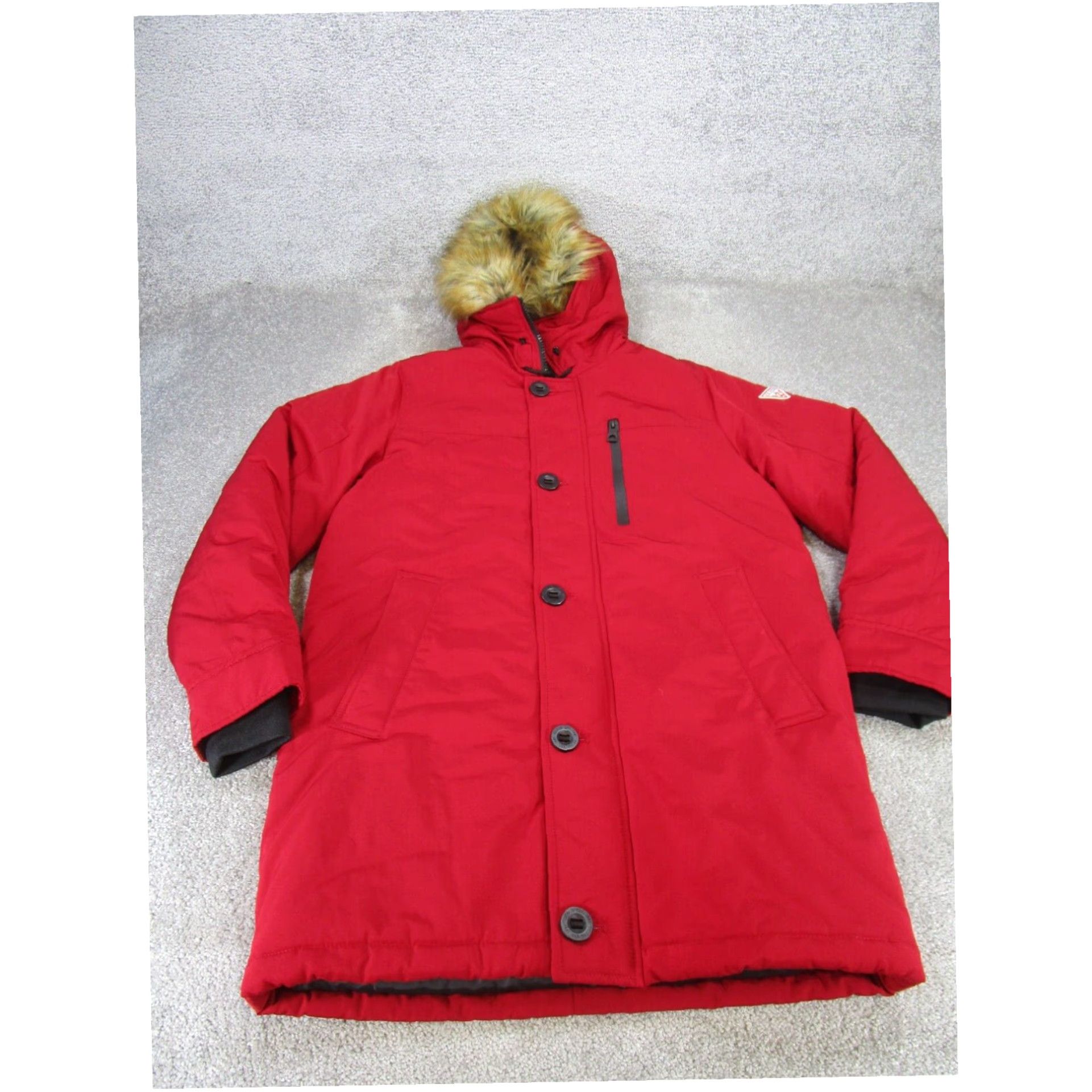 Guess Mens Small Red Mid Length Puffer Hooded Jacket