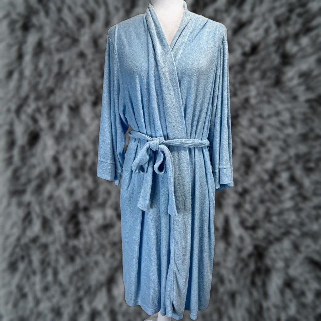 Vintage Natori Terry Robe Women's XL Blue Belted Lightweight Long Sleeve Comfort Size ONE SIZE - 1 Thumbnail