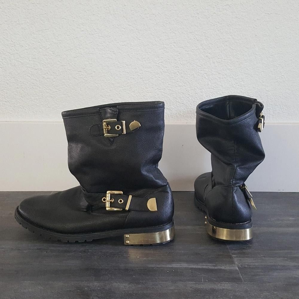 Designer Black Gold Detailed Moto Boots Size US 6 / IT 36 - 1 Thumbnail