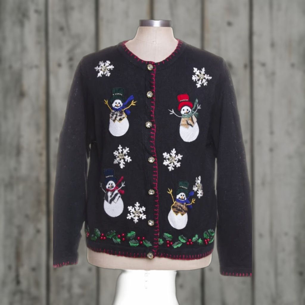 Vintage VINTAGE Black Cardigan Women's XL Ragstock Snowmen Christmas Ramie/Cotton Victoria Jones 42298 Size L / US 10 / IT 46 - 1 Preview