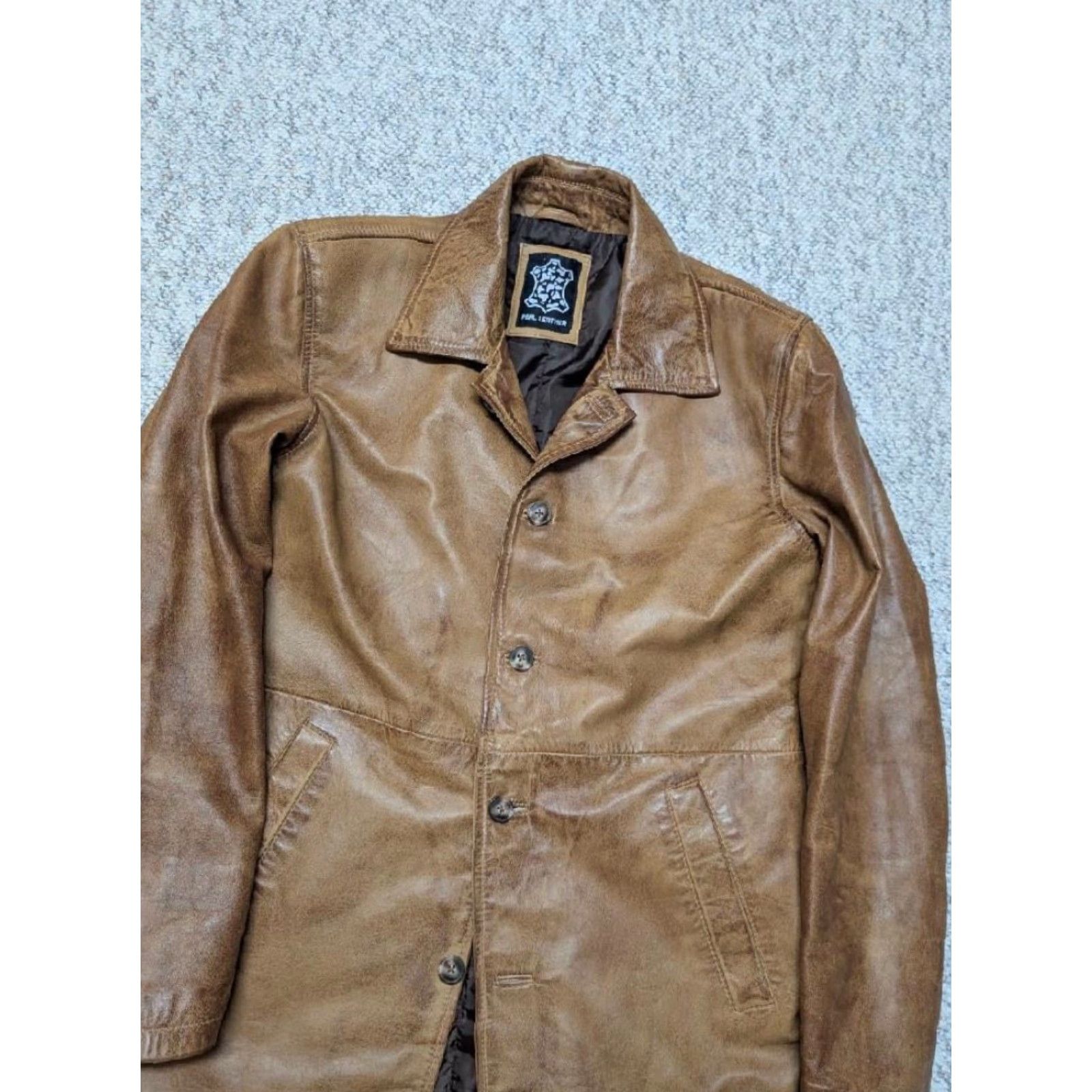 Vintage VINTAGE brown leather coat Mens Overcoat M 40 chest 22" 33" lightweight patina 1990s Mad Max style Size US M / EU 48-50 / 2 - 7 Thumbnail