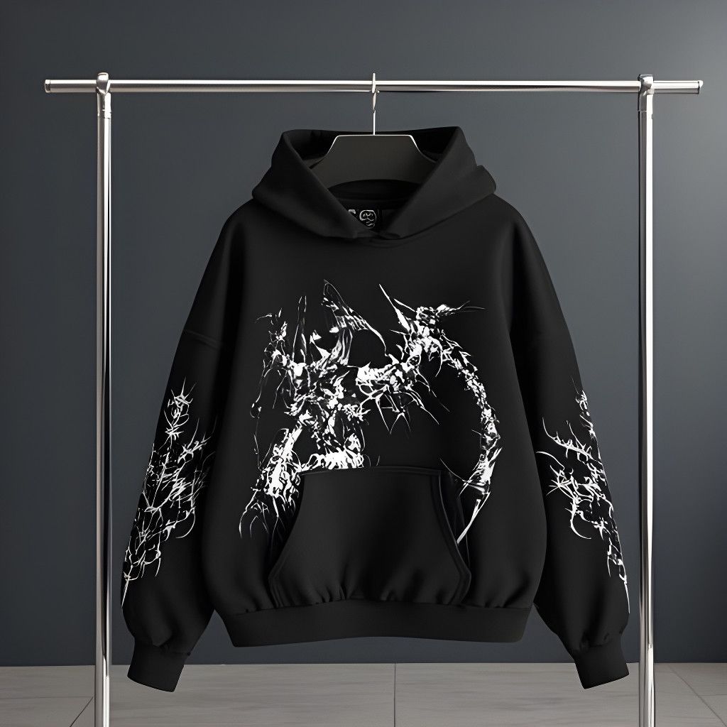 Vintage Mens Graphic Hoodie, Black Dark Streetwear Gothic Jacket, Size US L / EU 52-54 / 3 - 3 Thumbnail