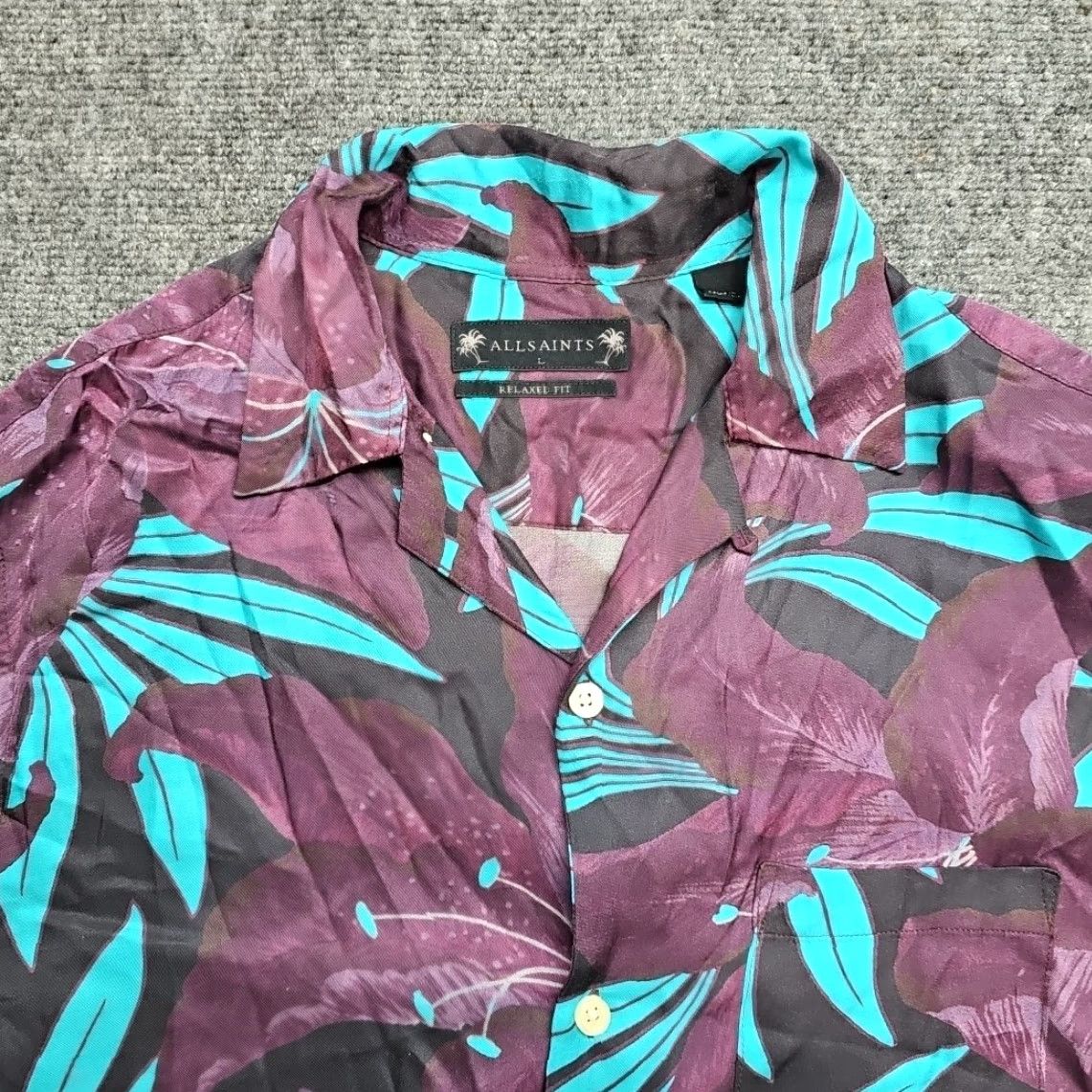 Allsaints AllSaints Shirt Men L Purple Teal Floral Loop Camp Collar Hawaiian Shirt Size US L / EU 52-54 / 3 - 4 Thumbnail