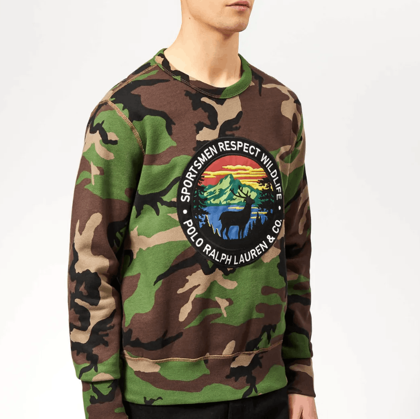 image of Lo Life x Polo Ralph Lauren Polo Ralph Laurent Camo Patch Sportsmen Sweatshirt, Men's (Size Medium)