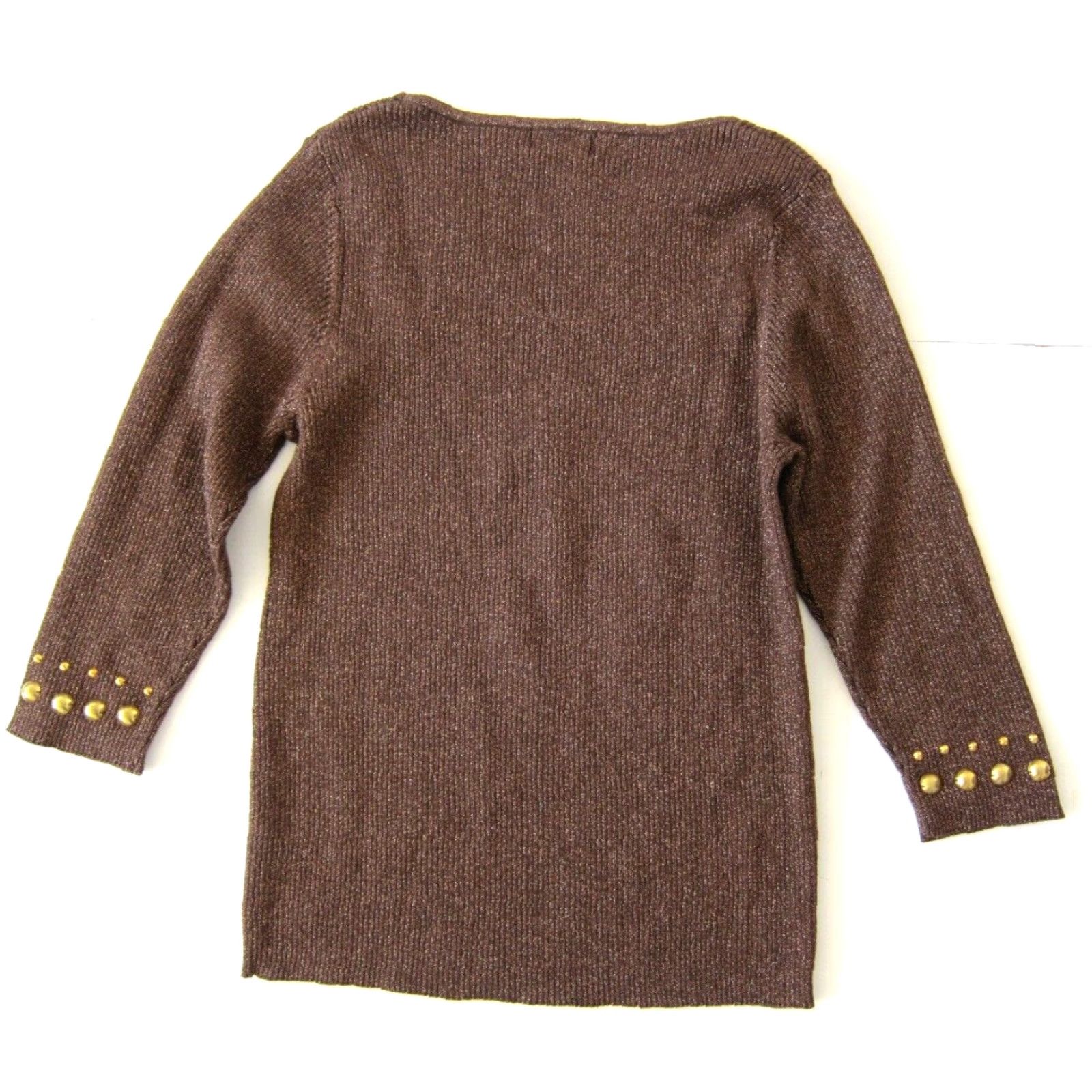 Vintage Objects D'art NWT Brown Metallic Gold Studded 3/4 Sleeve Sweater Large Women Shirt Pullover Round Neck 60% cotton 40% metallic Size L / US 10 / IT 46 - 2 Thumbnail