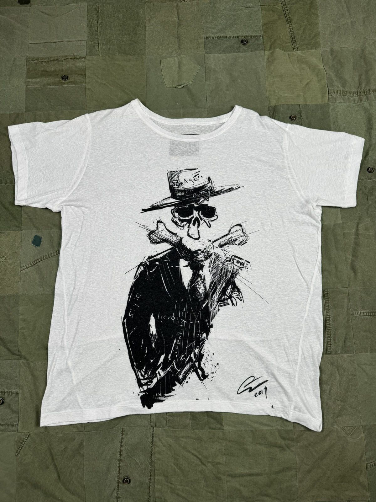 image of Greg Lauren x Mastermind Japan Tux Drawing Tee in White, Men's (Size Large)