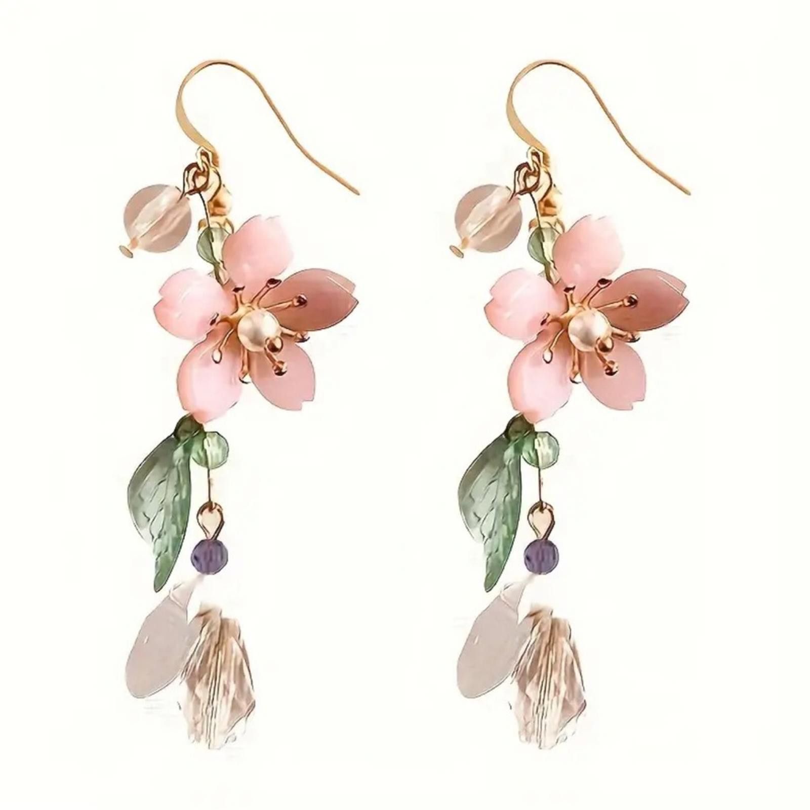 Designer Floral Pink and Gold Dangle Earrings Size ONE SIZE - 2 Thumbnail