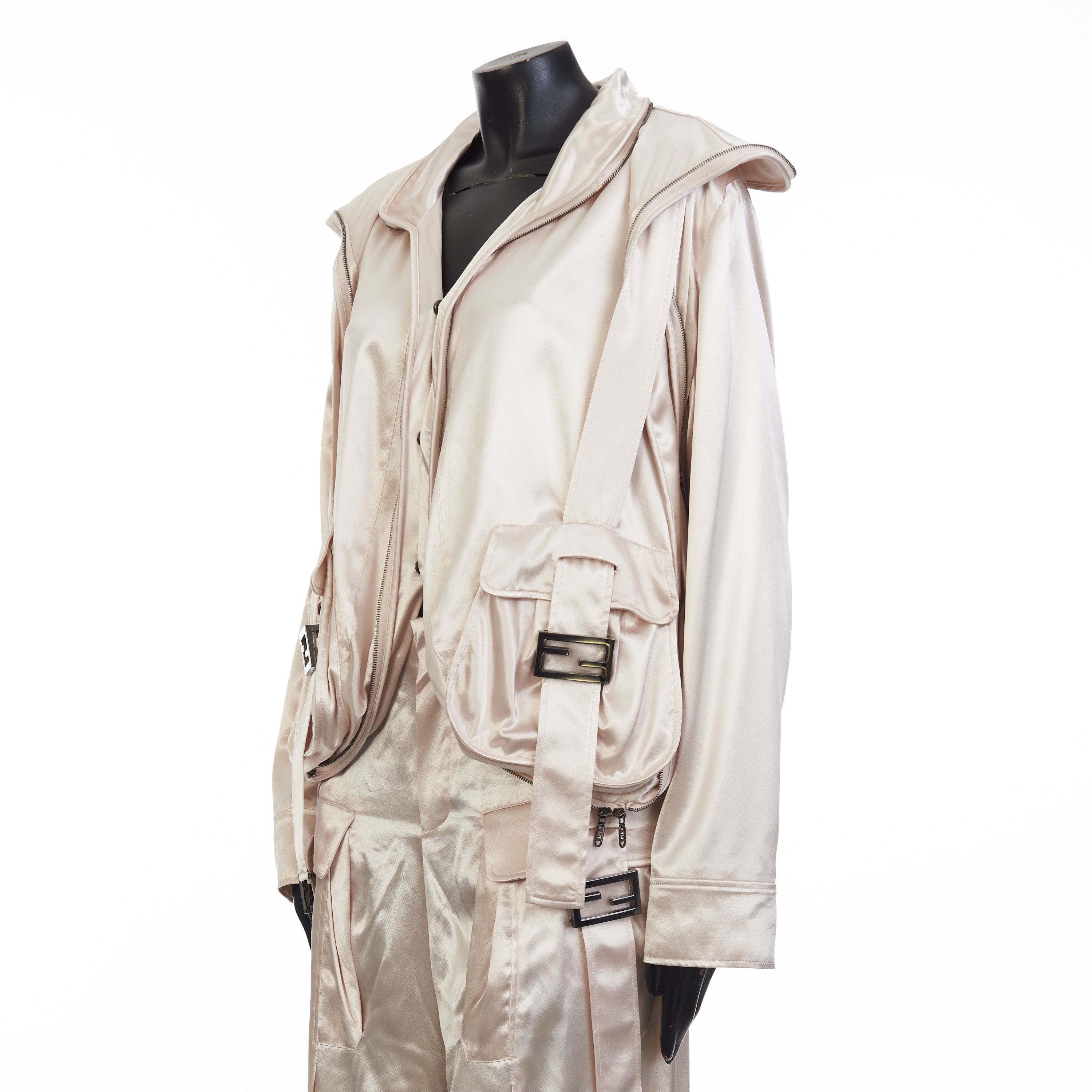 Fendi Beige Satin Blouson Jacket - Snap Closure, Metal FF Buckle Size M / US 6-8 / IT 42-44 - 2 Thumbnail