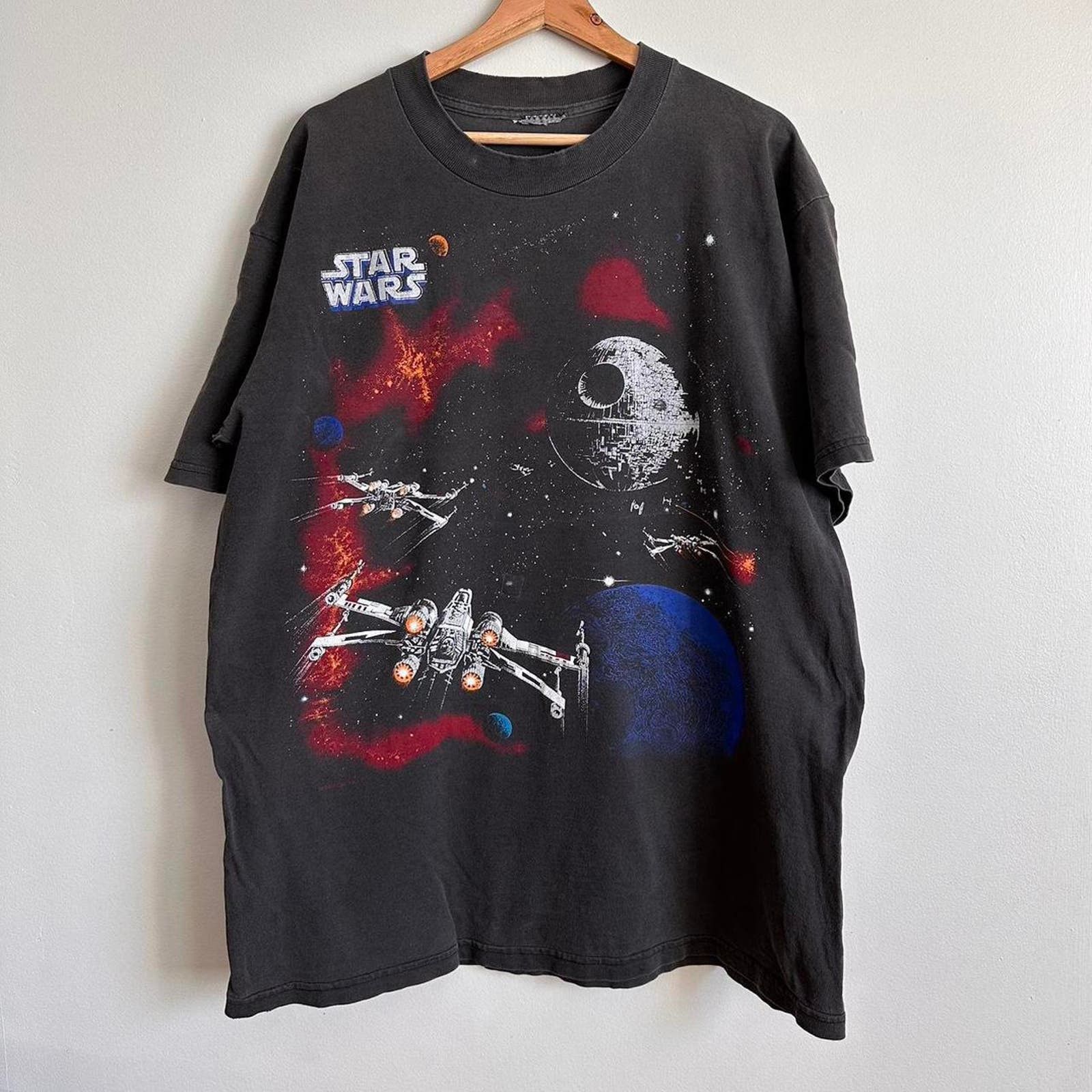 image of Vintage Star Wars X Wing Death Star Shirt in Black, Men's (Size XL)