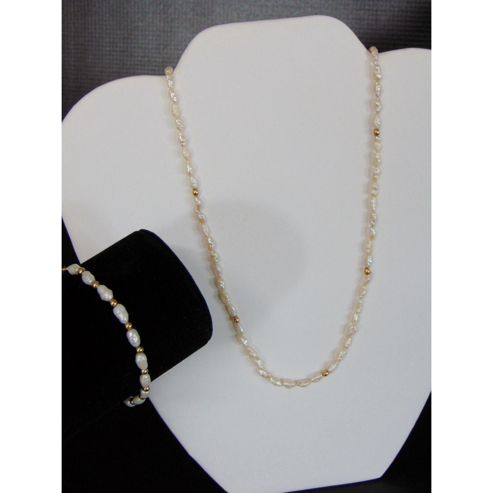Vintage Pearl +14K Gold Beads 18" Necklace & 7" Bracelet Jewelry Set in White, Women's