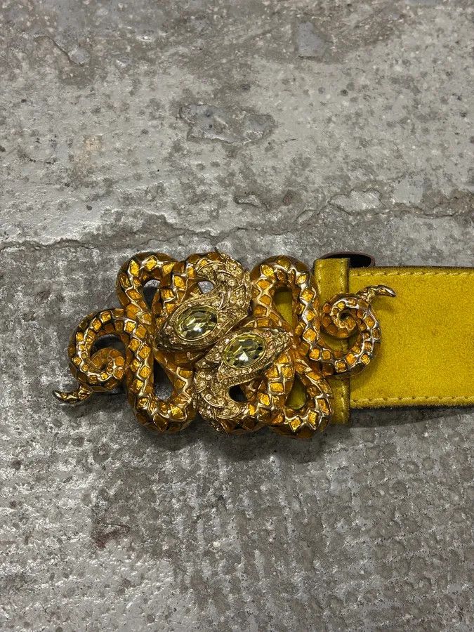 Roberto Cavalli × Vintage 2000s Roberto Cavalli Yellow Suede Leather Embellished Buckle Belt Size ONE SIZE - 7 Thumbnail