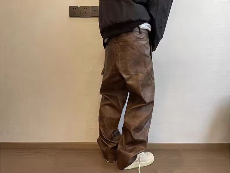 Leather Washed Brown Soft Pu Leather Pant Size US 34 / EU 50 - 4 Thumbnail
