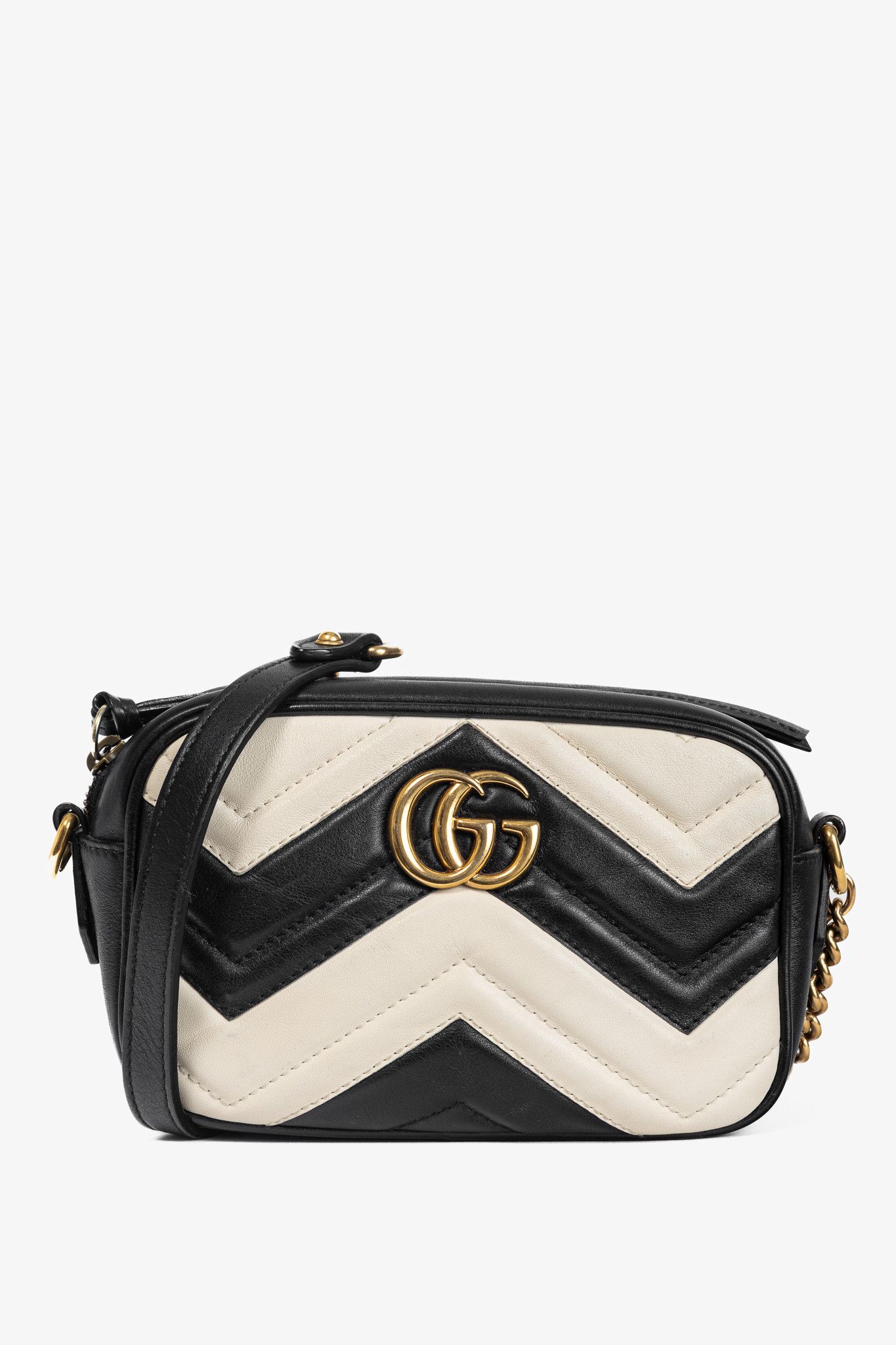 Gucci Gucci GG Marmont Black & Creme Chevron Mini Camera Bag Size ONE SIZE - 1 Thumbnail