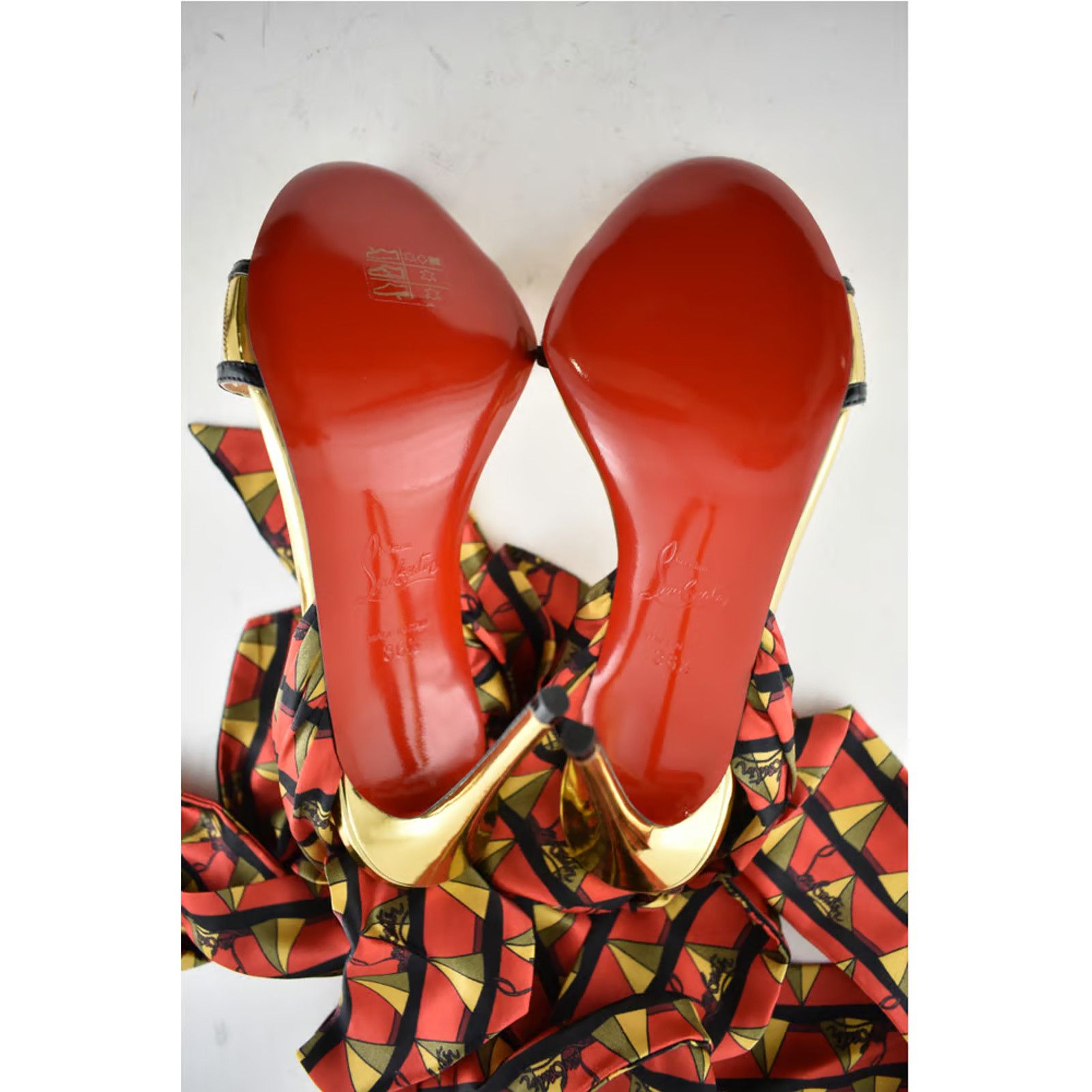 Christian Louboutin Baigneuse 100 Black Gold Red Lace Up Sandal Heel Pump 36.5 Size US 6.5 / IT 36.5 - 12 Thumbnail