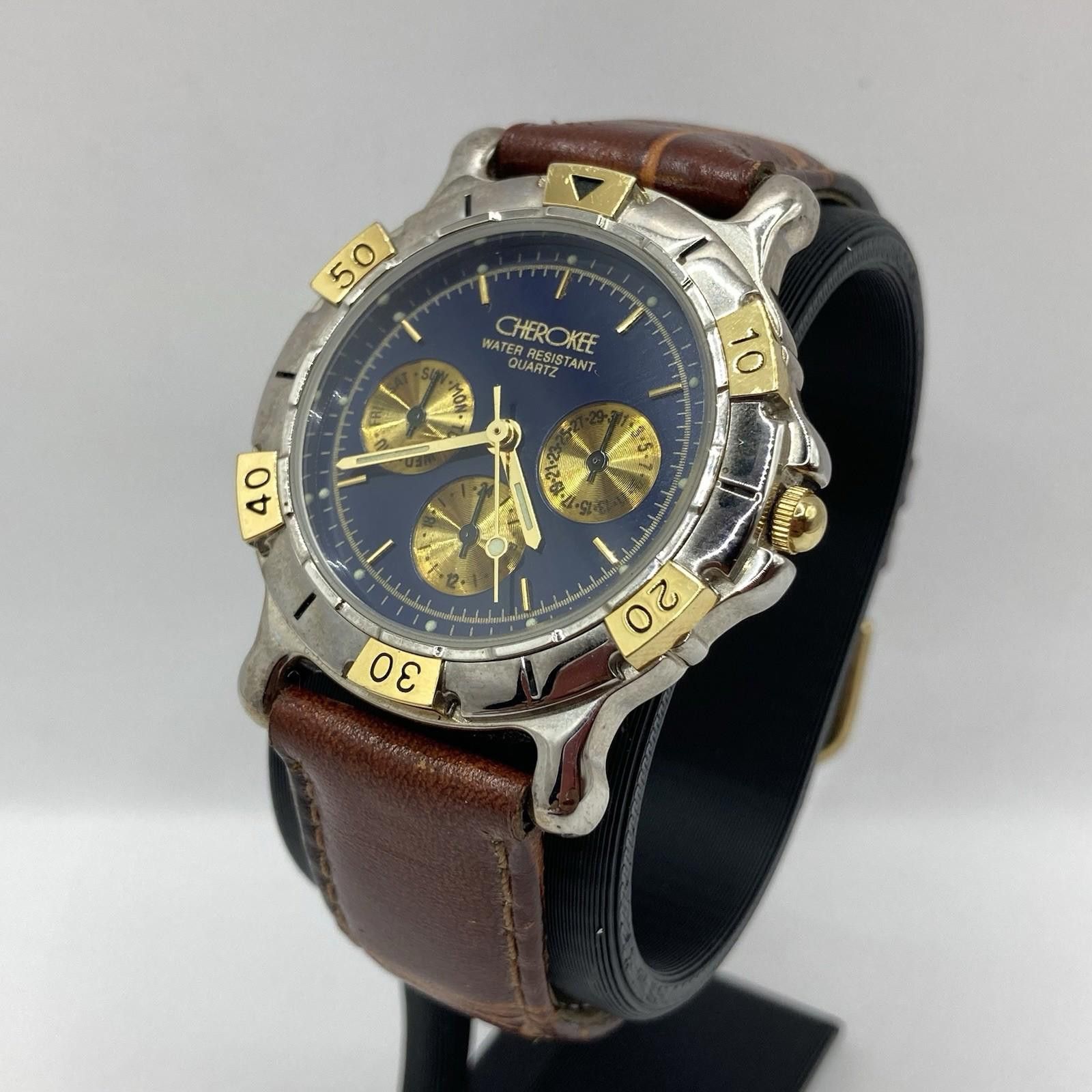 MenS Cherokee Quartz Watch Silver Tone Brown Leather Band, Men's