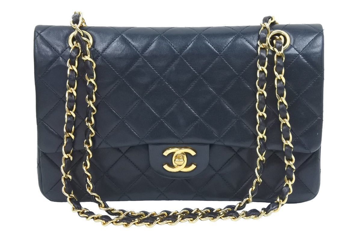 image of Chanel Matelasse W Flap Chain Shoulder Bag Black Gold Hardware Leather, Women's