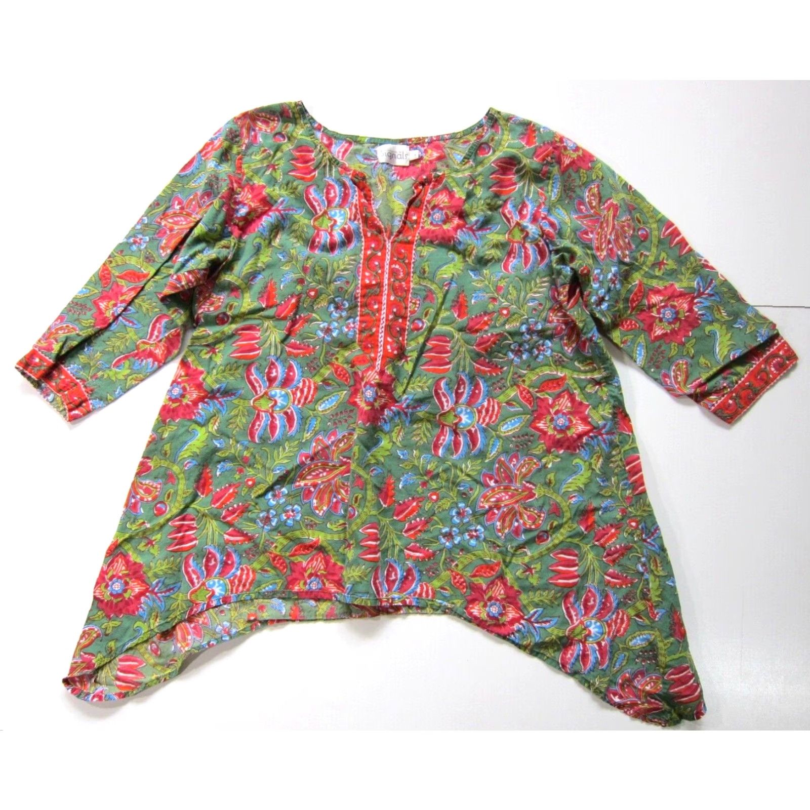 Pinko VINTAGE Signals Cotton Green Pink Blue Floral Paisley Asymmetric Tunic Peasant Blouse L Size L / US 10 / IT 46 - 2 Thumbnail