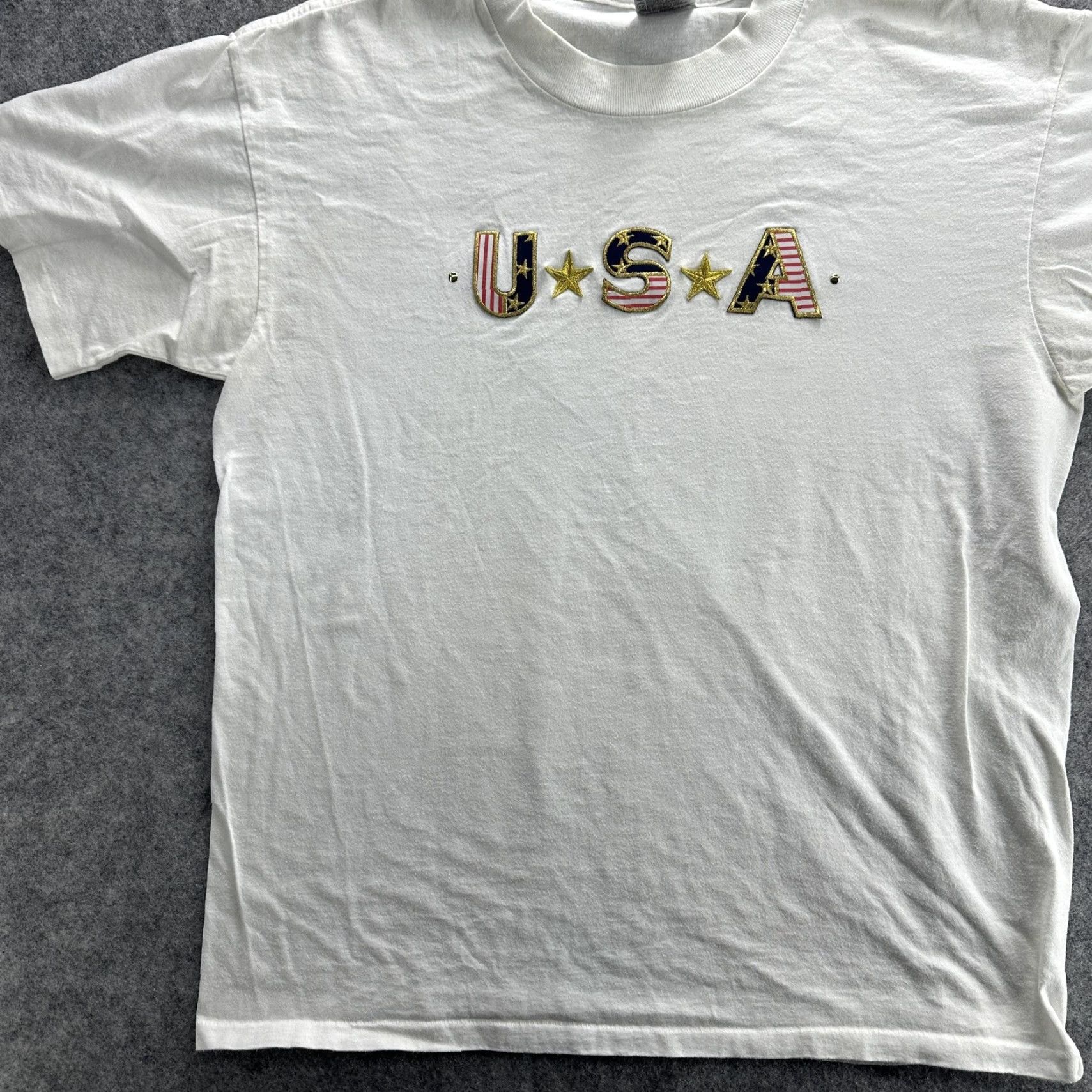 Vintage VINTAGE USA Shirt Mens Large White American Flag Embroidered Patriotic Tee 90s Size US L / EU 52-54 / 3 - 4 Thumbnail