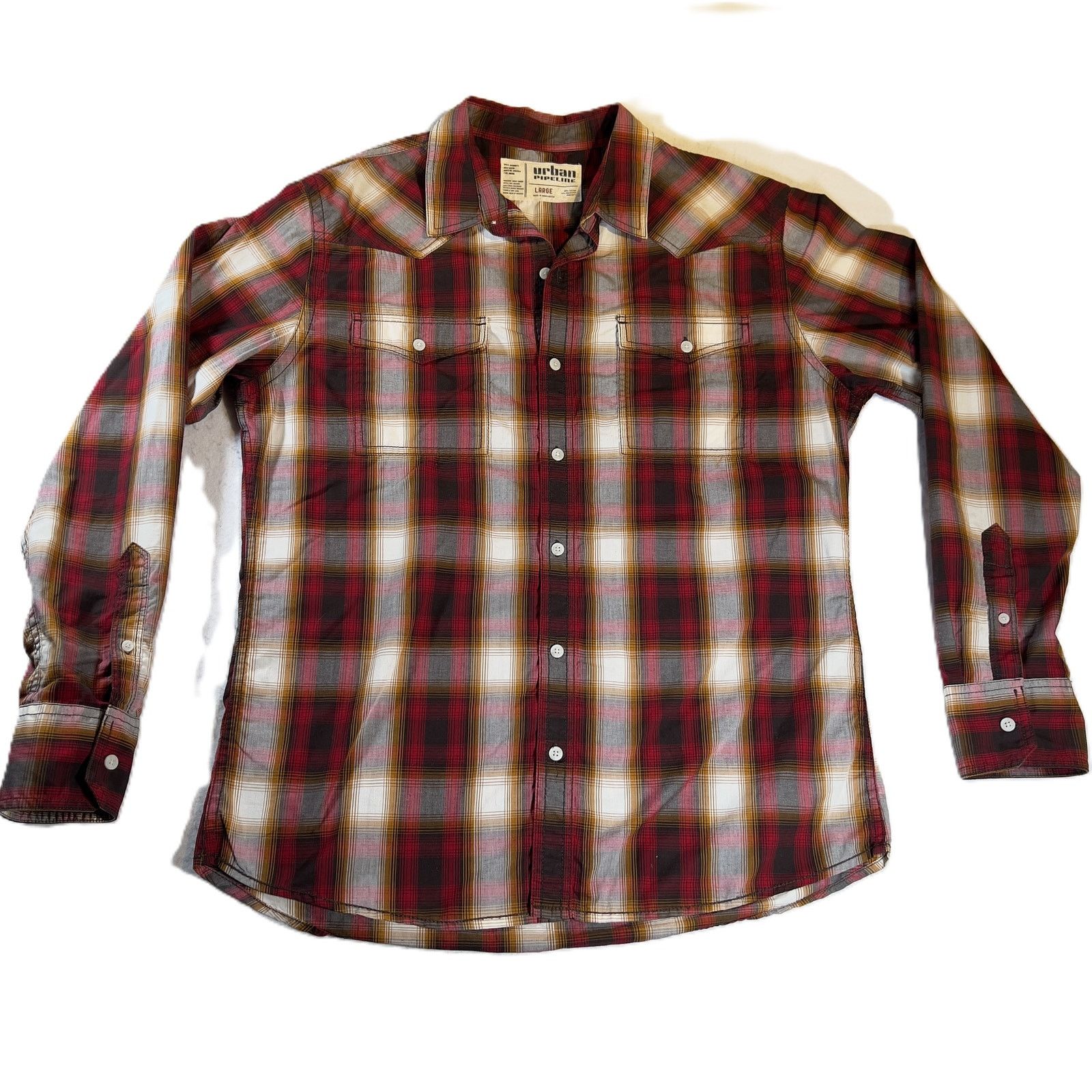 Urban Pipeline Urban Pipeline Button Shirt Men's Large Red Tan Brown Plaid Size US L / EU 52-54 / 3 - 1 Thumbnail