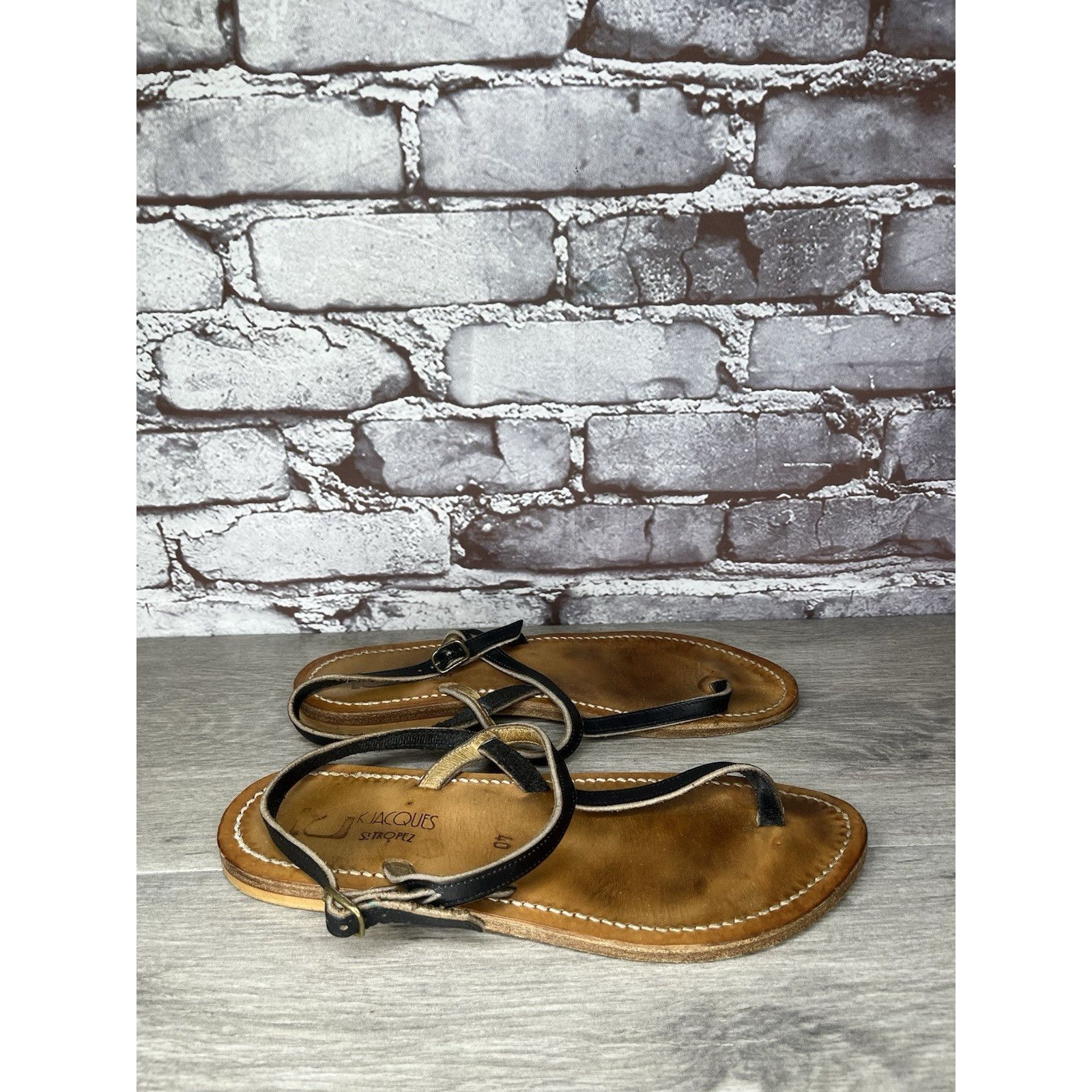 Jacques Lemans K Jacques Picon Black Leather Flat Thong Strap Sandals Women Size US 9.5 / IT 39.5 - 2 Thumbnail