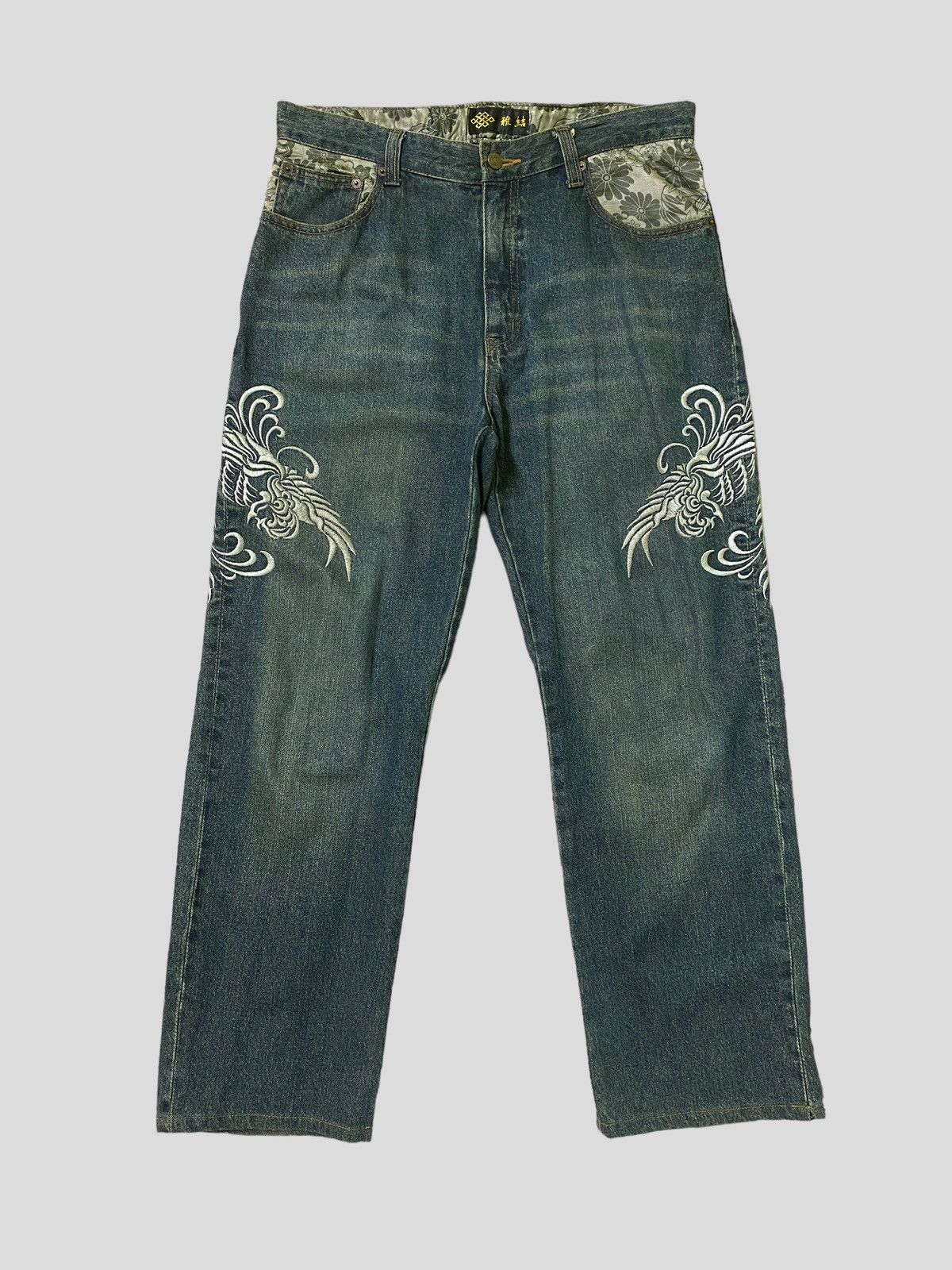 Japanese Brand × Vintage Vintage Japan Tattoo Embroidery Floral Design Denim Size US 32 / EU 48 - 1 Thumbnail