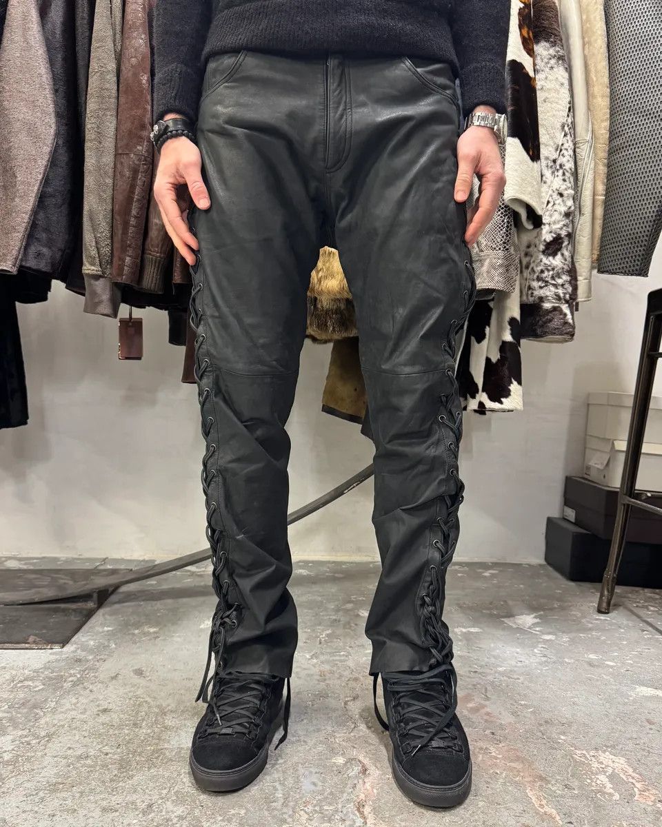 Vintage 1990s Archive Black Leather Laced Pants Size US 33 - 2 Thumbnail
