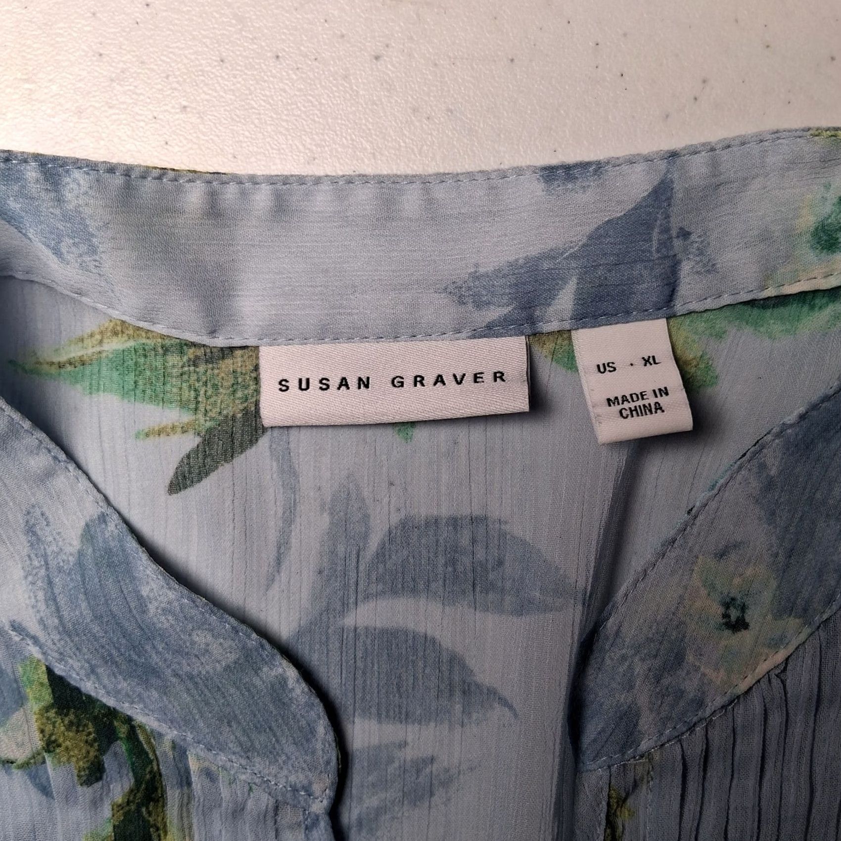 Vintage Susan Graver Blouse XL Blue Peony Floral Long Sleeve Semi Sheer Lace Pleated Womens Blouse Size XL / US 12-14 / IT 48-50 - 6 Thumbnail