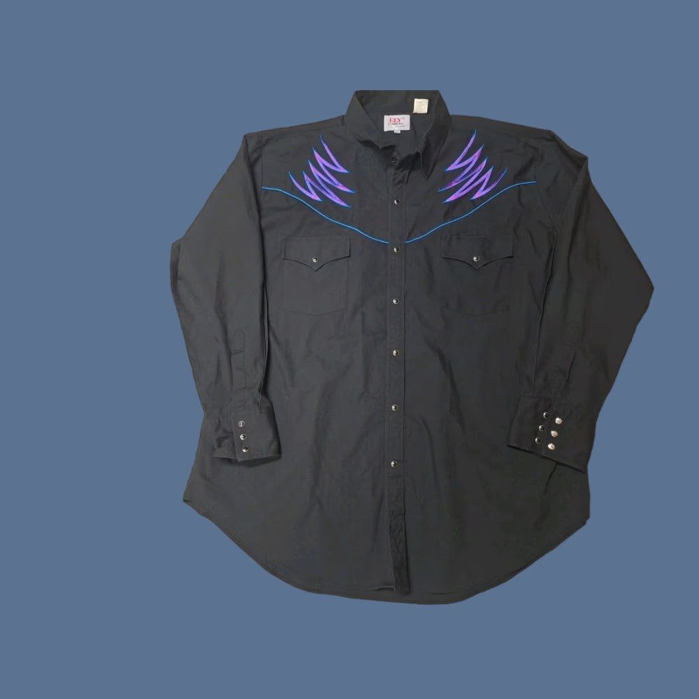 Vintage VINTAGE Ely Diamond Cowboy Western Pearl Snap Shirt 2XL Black Embroidered Mens Regular Size Clothing Shirt Size US XXL / EU 58 / 5 - 1 Thumbnail