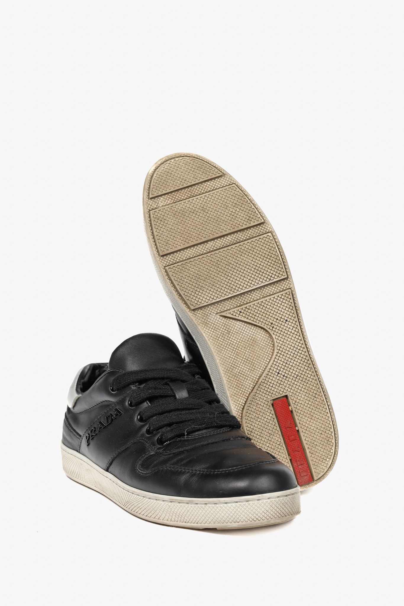 Prada Prada Nero Leather Metallic-Trim Low-Top Sneakers Size US 6.5 / IT 36.5 - 4 Thumbnail