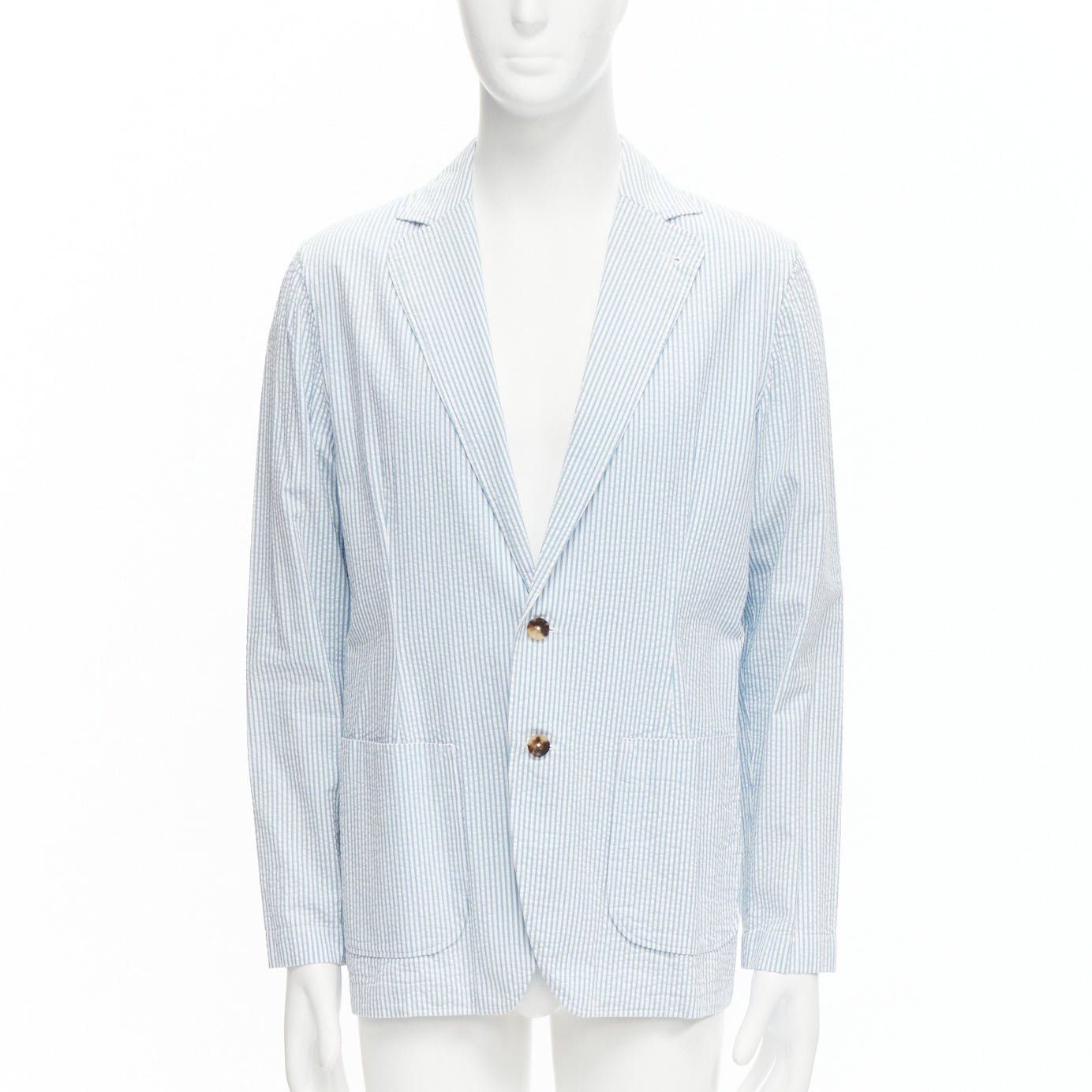 Lardini LARDINI blue white stripe seersucker brown shell 2 button blazer M Size 48R - 1 Thumbnail