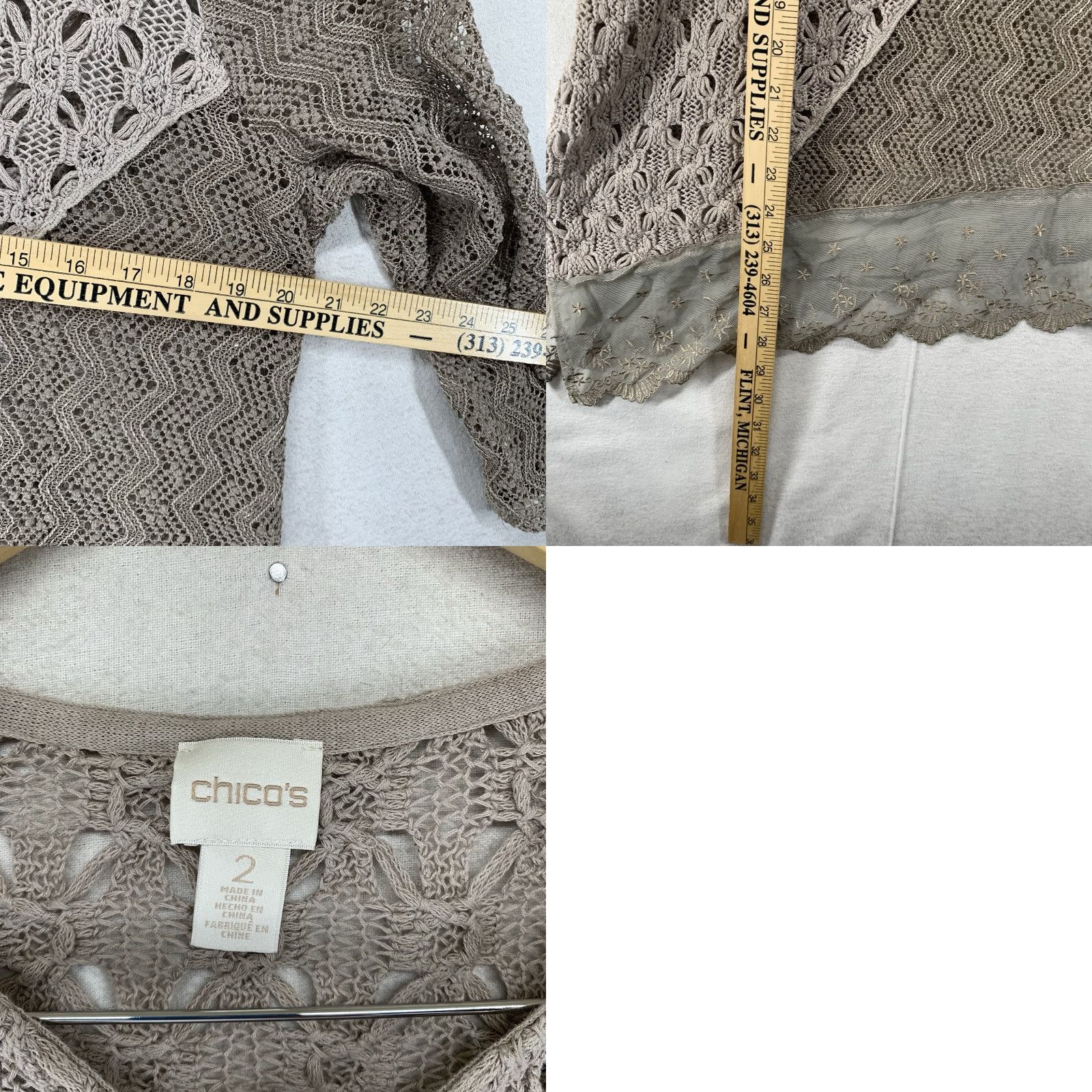 Vintage Chico's Tunic Women's Large Brown Crochet Knit Lace Trim Whimsy Linen Blend Shirt Adult Large Brown Geometric 3/4 Sleeve Casual Womens Size L / US 10 / IT 46 - 9 Thumbnail