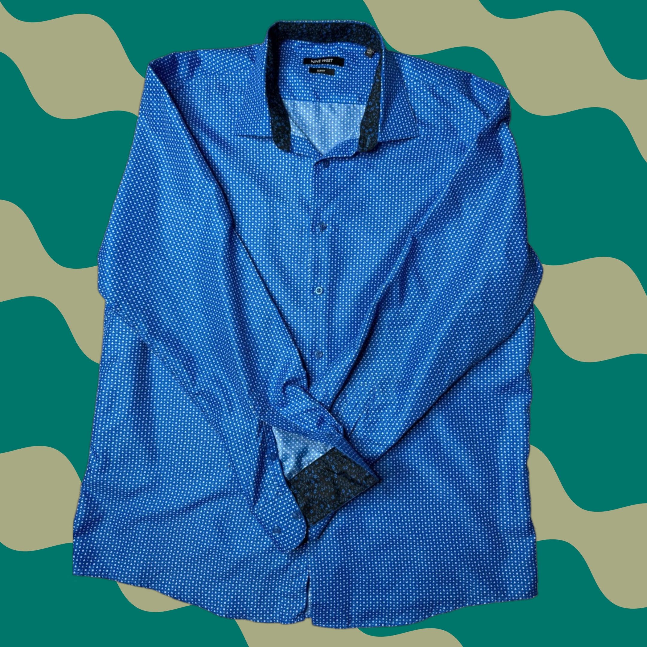 Nine West Nine West Dress Shirt Geometric Pattern Slim Fit Long Sleeve Blue XL 17-17.5 Neck 17-17.5 in Barrel Cuff Wrinkle Resistant Mens Shirt Size 46R - 1 Thumbnail
