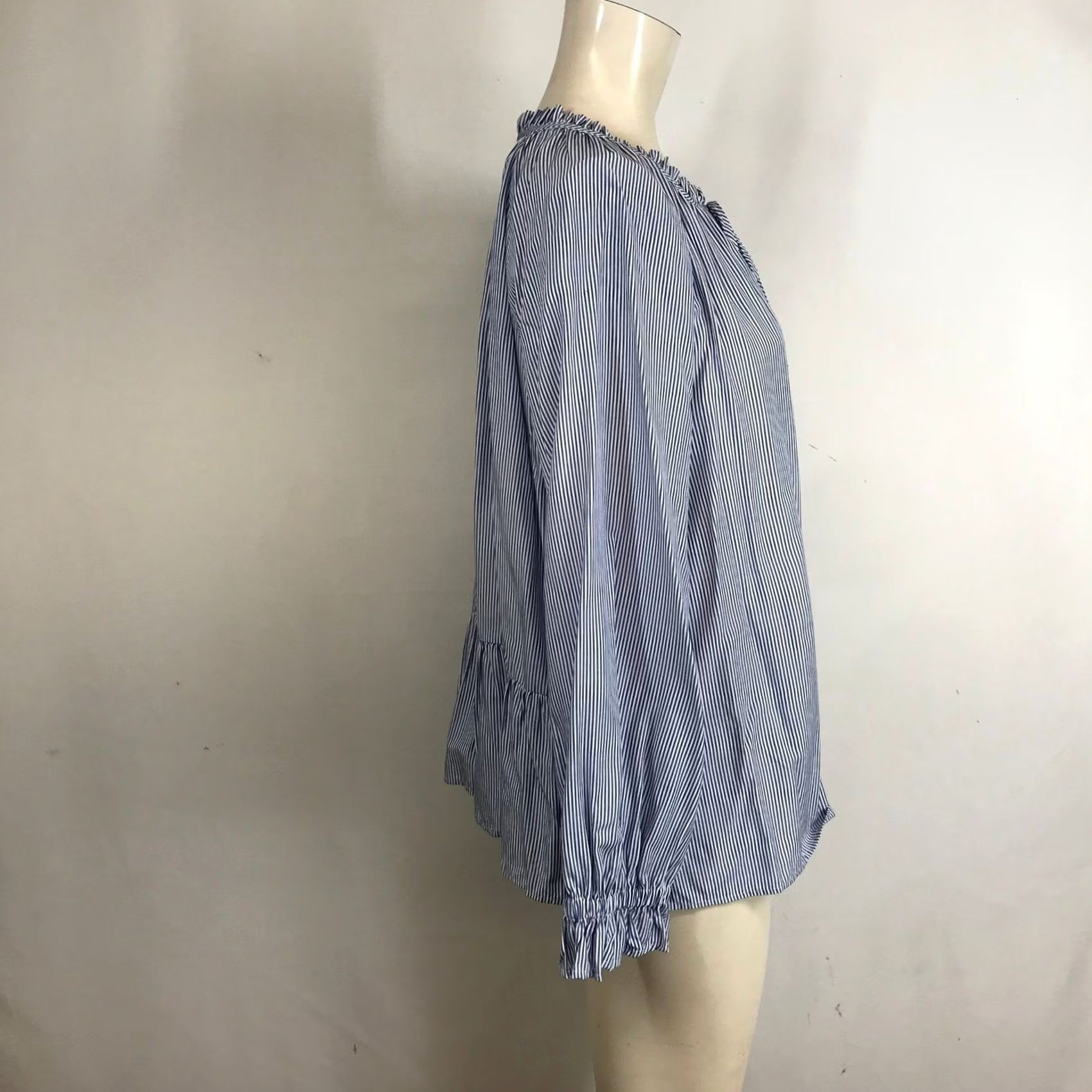 Loft LOFT Striped Tie Neck Blouse Women's Long Sleeve Ruffle Cuff Peplum Top L Size L / US 10 / IT 46 - 4 Thumbnail