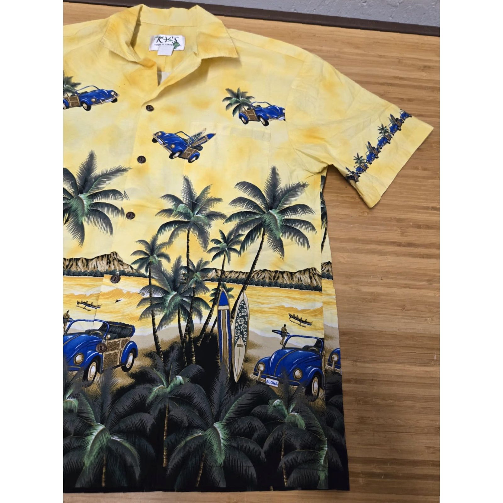 Vintage KY'S Shirt Mens Large Hawaiian Aloha Camp Made in Hawaii Palm Trees Surfboards Graphic Print Cotton Short Sleeve Button-Up Collared Camp Shirt Yellow Size US L / EU 52-54 / 3 - 2 Thumbnail