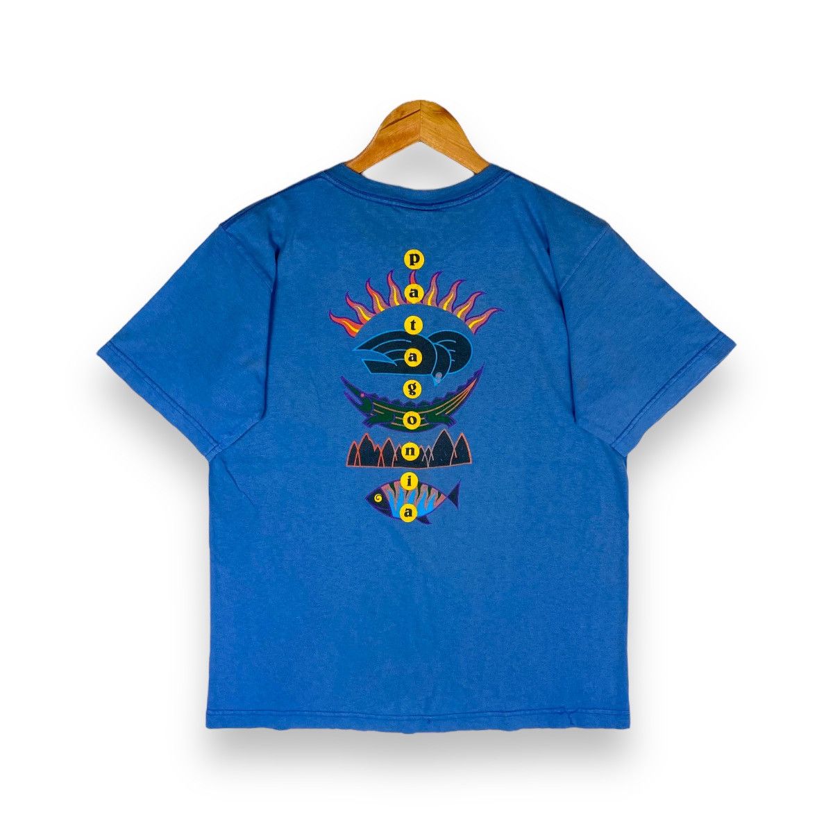 image of 90's Patagonia Organic Cotton Outdoor Apparel Tee in Blue, Men's (Size Small)