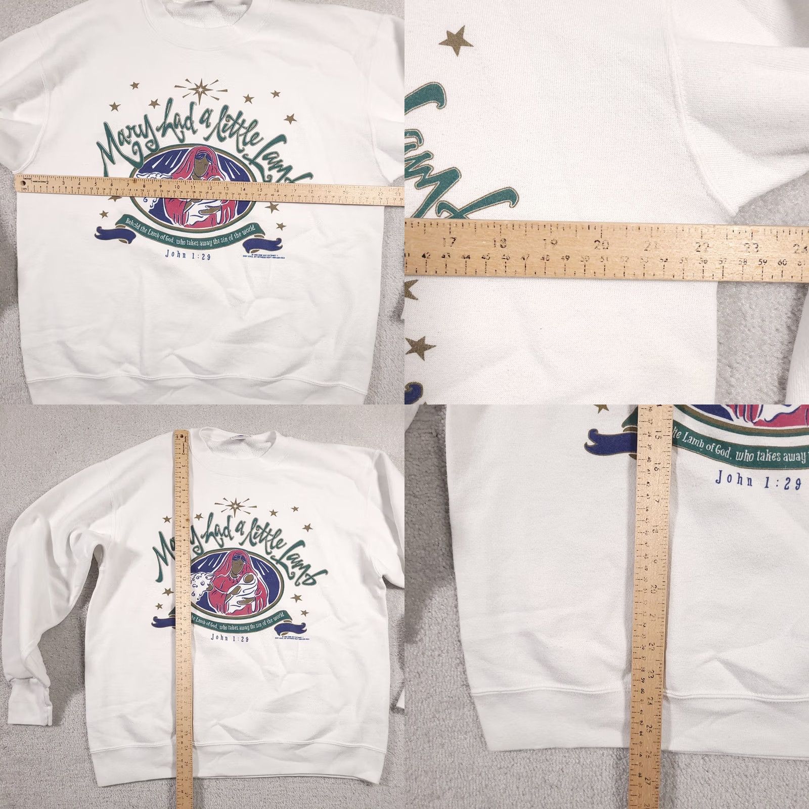 Delta VINTAGE 90s Mary Had a Little Lamb Sweatshirt Unisex Adults Large Crew Neck Religion Graphic Print White Cotton Polyester Fleece Pullover USA 90s Size US L / EU 52-54 / 3 - 9 Thumbnail