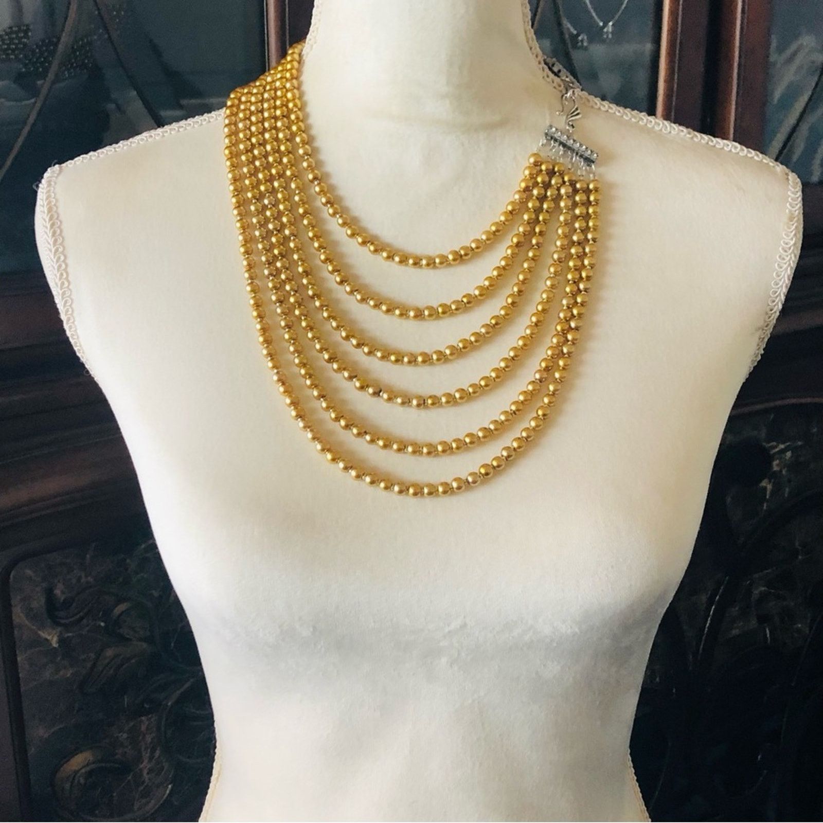 Handmade Handcrafted six strand golden Czech glass pearl necklace Size ONE SIZE - 4 Thumbnail